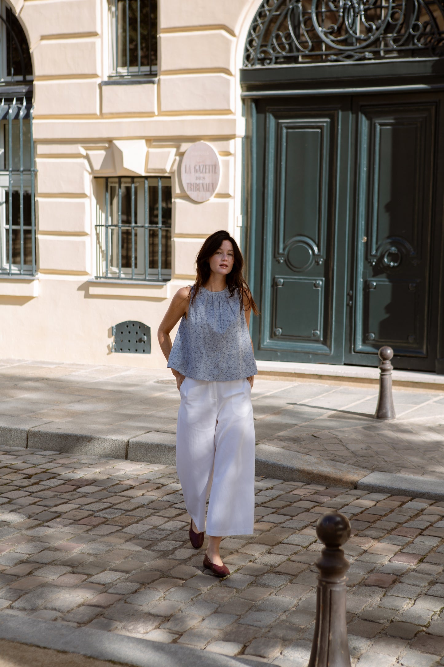 Tie-back Ruched Blouse in Floral Jacquard - Blue China