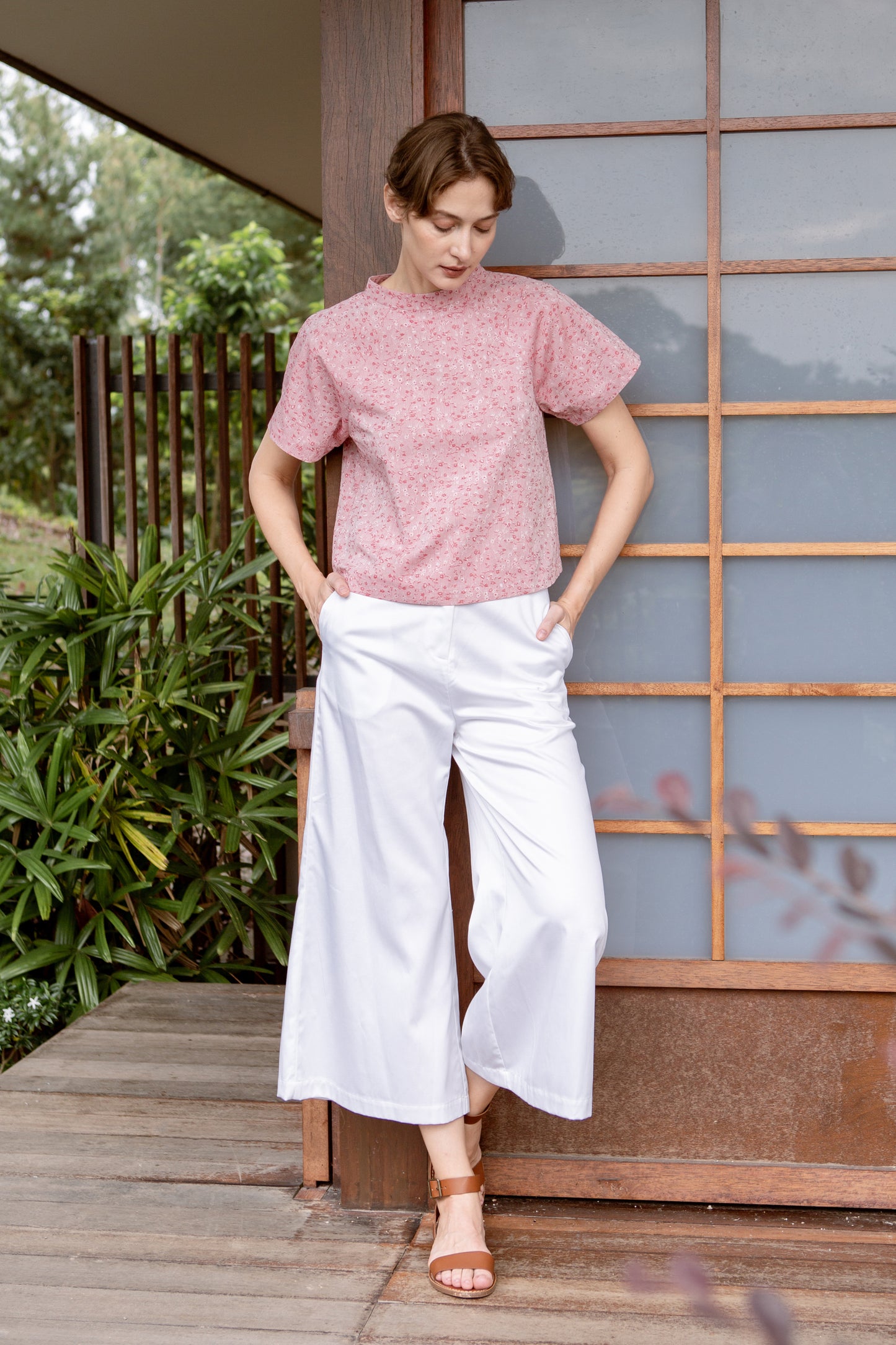 Stand Collar Blouse in Floral Jacquard - Classic Red