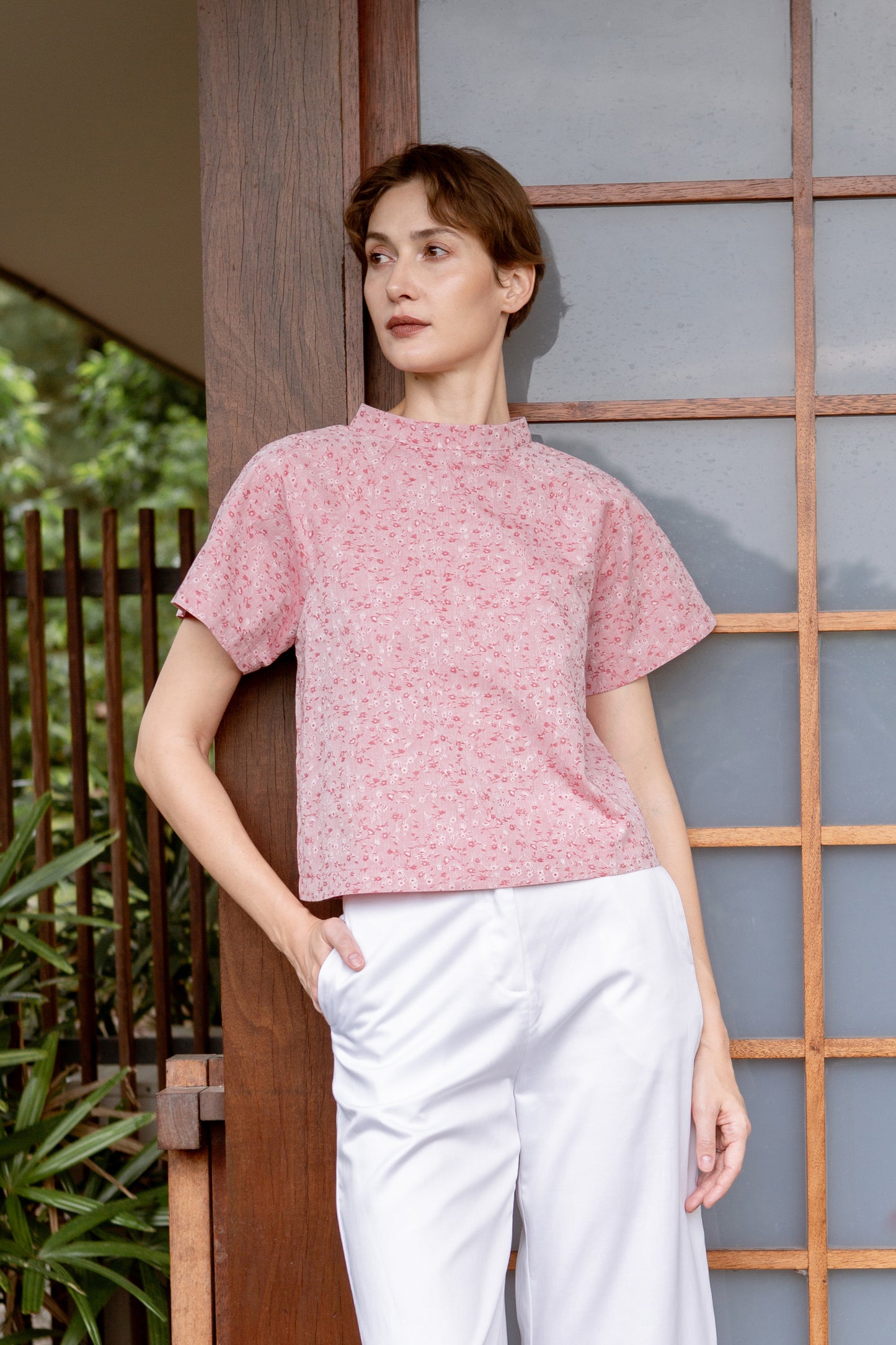 Stand Collar Blouse in Floral Jacquard - Classic Red