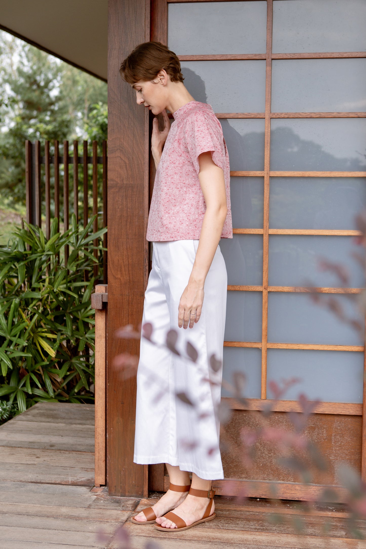 Stand Collar Blouse in Floral Jacquard - Classic Red