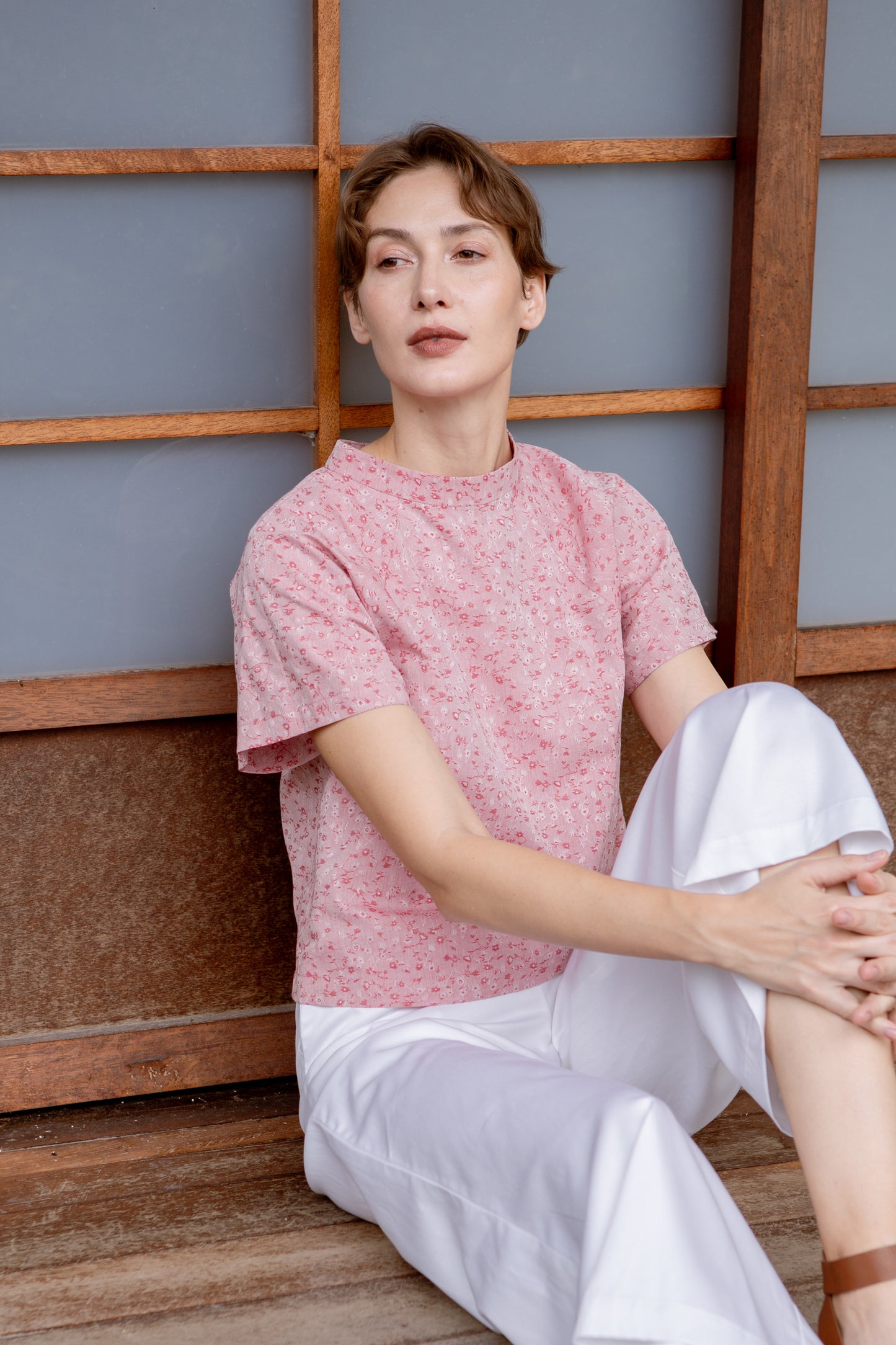 Stand Collar Blouse in Floral Jacquard - Classic Red