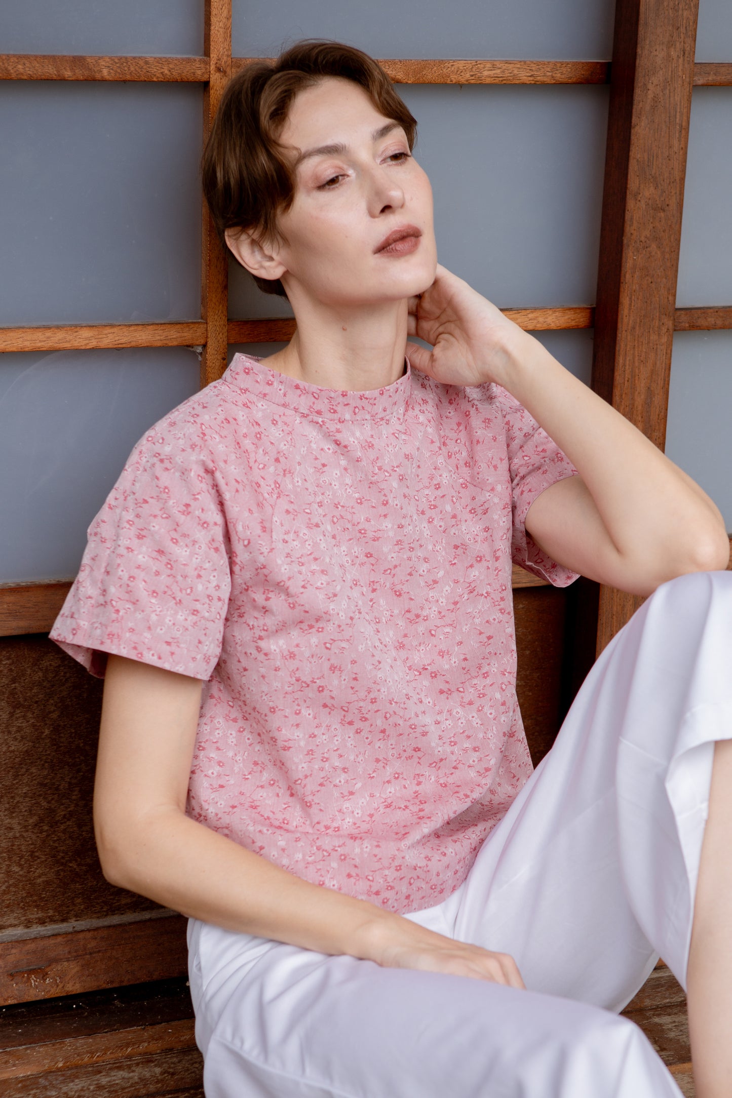 Stand Collar Blouse in Floral Jacquard - Classic Red