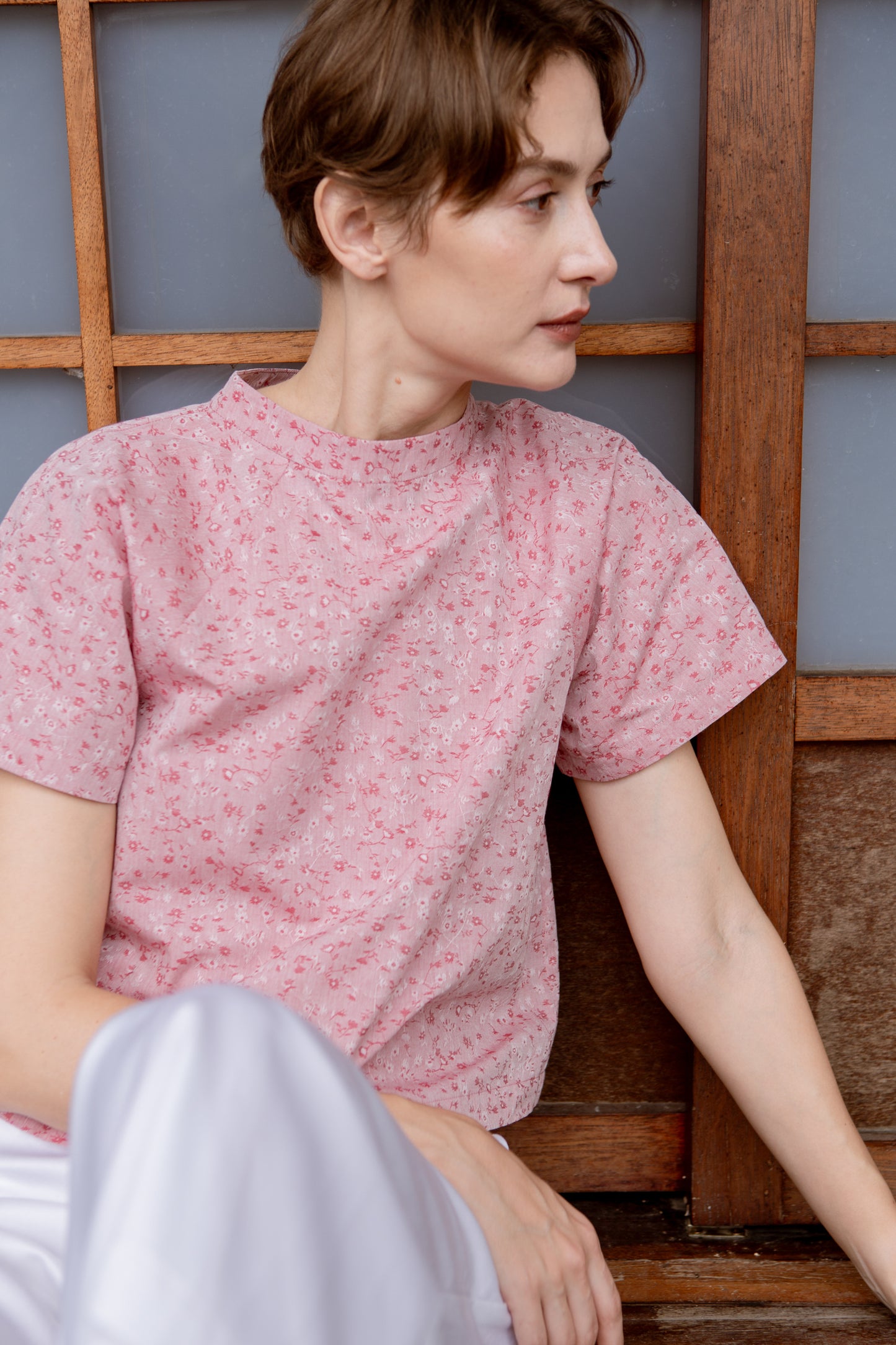 Stand Collar Blouse in Floral Jacquard - Classic Red