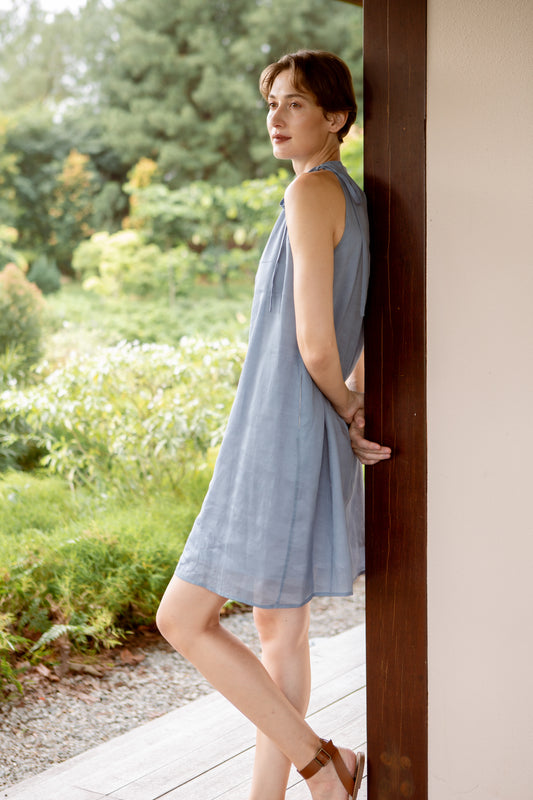 Aire Mini Dress with Stand Collar - Sky