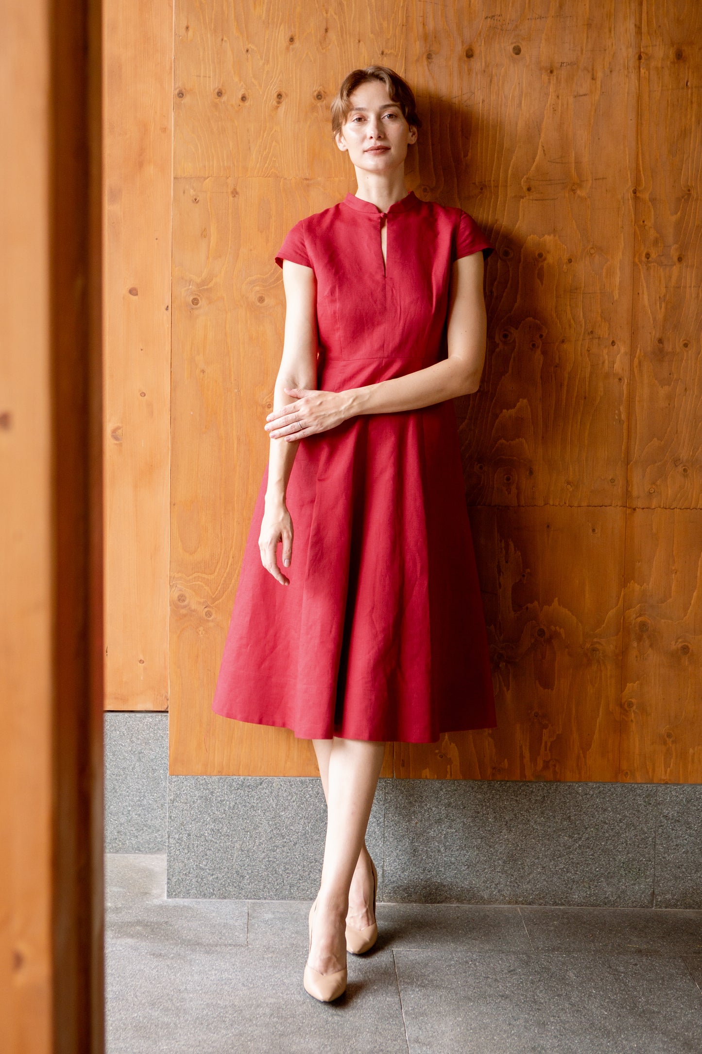 Stand Collar Tea Dress in Linen - Cherry