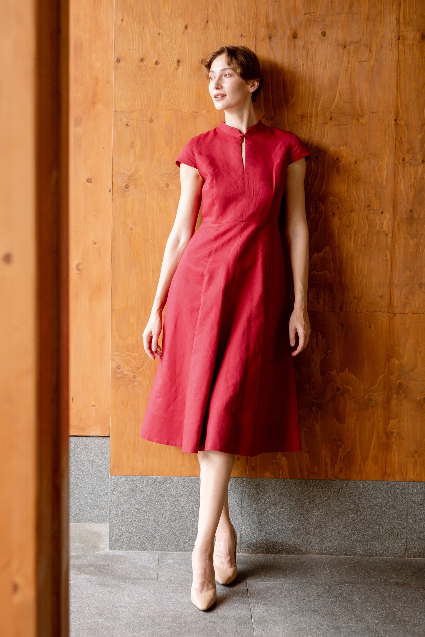 Stand Collar Tea Dress in Linen - Cherry