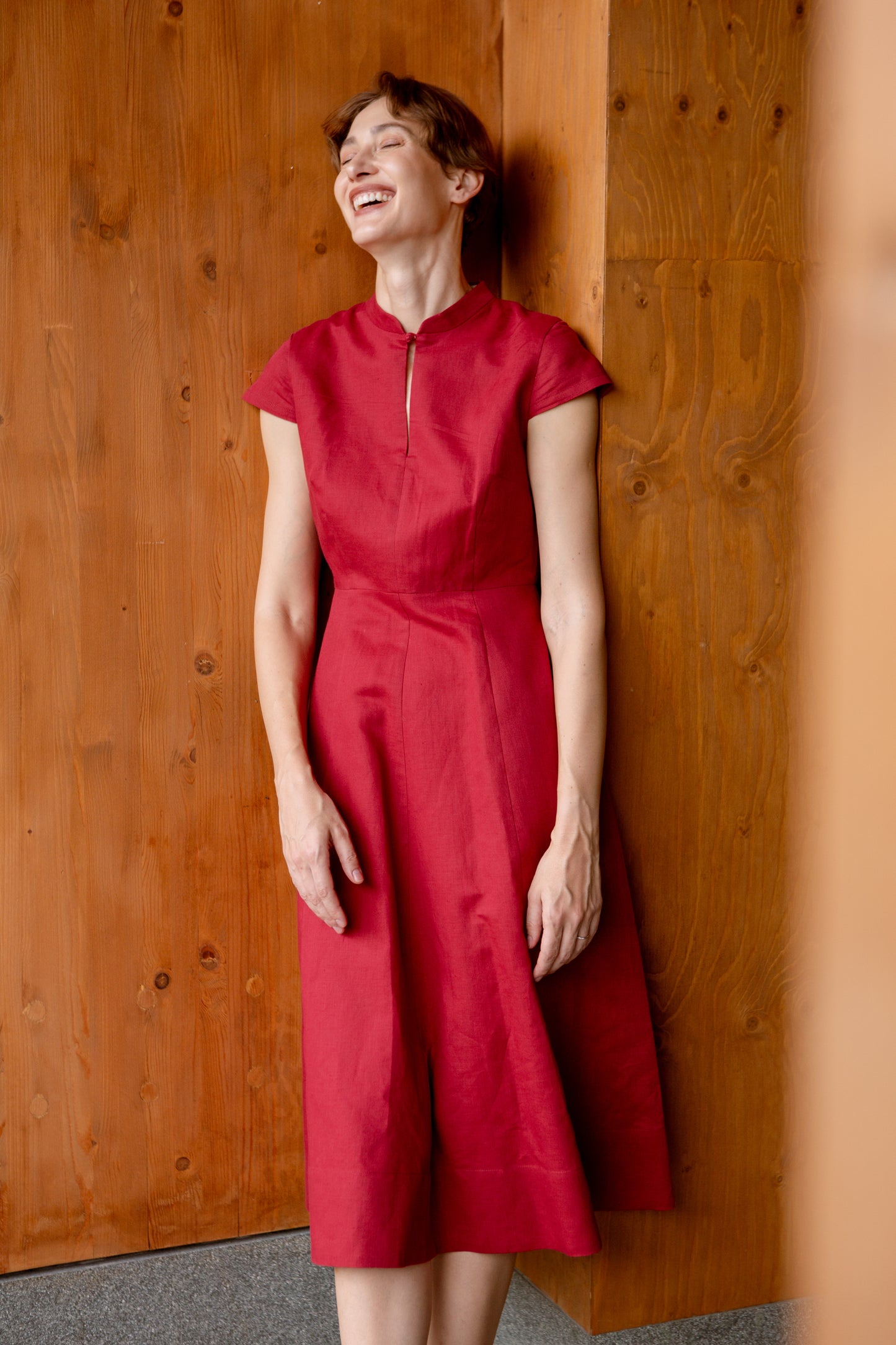 Stand Collar Tea Dress in Linen - Cherry