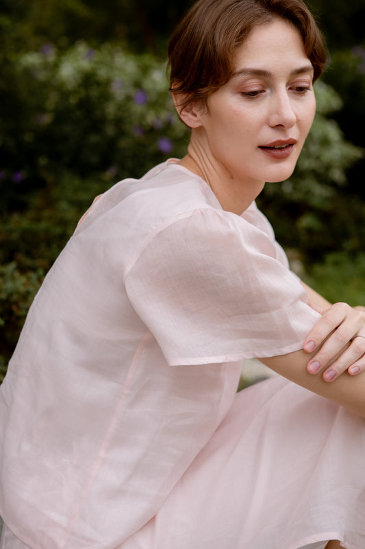 Aire Blouse with Flutter Sleeves - Pink Blossom