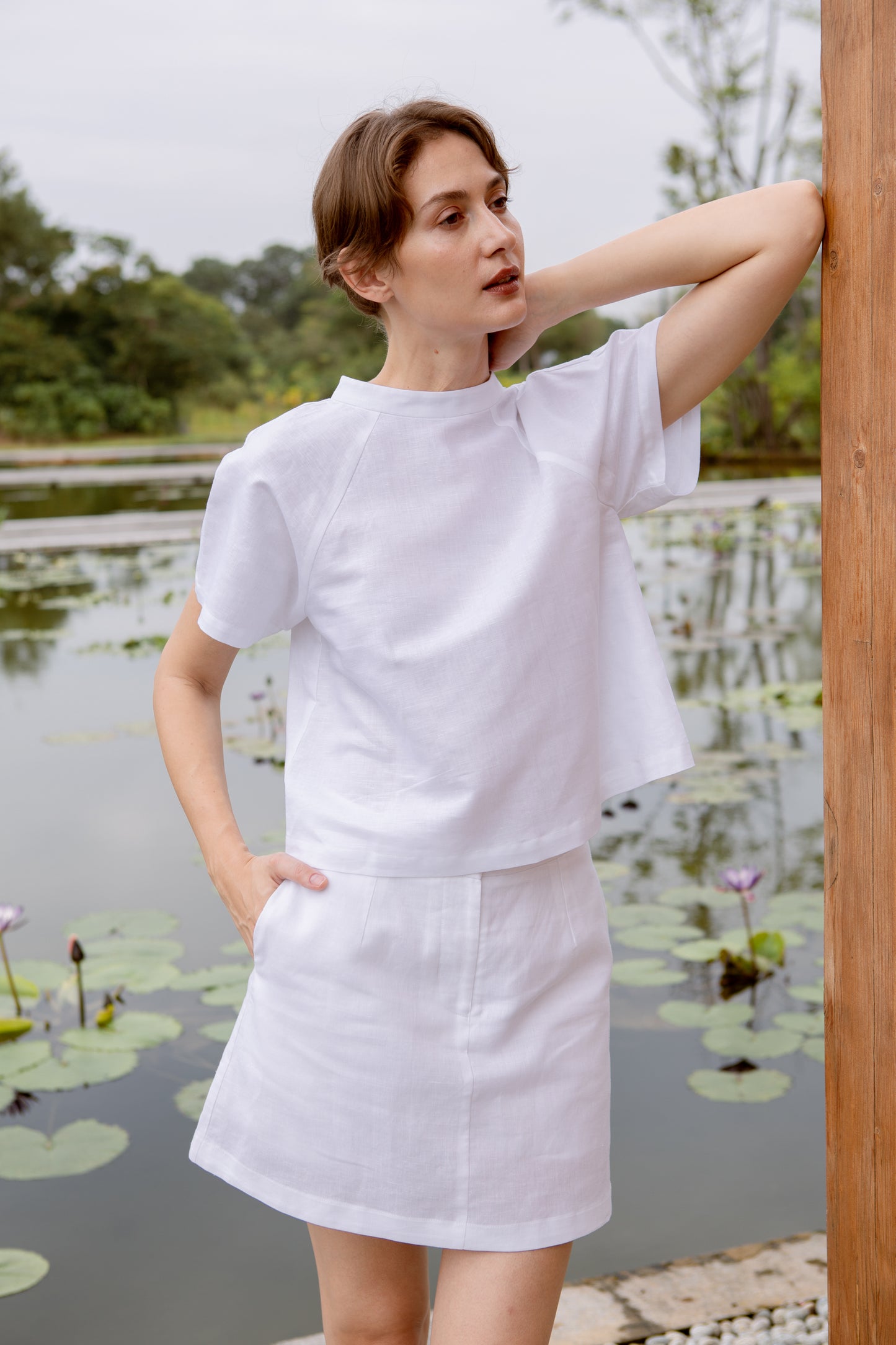 Stand Collar Blouse in Linen - White