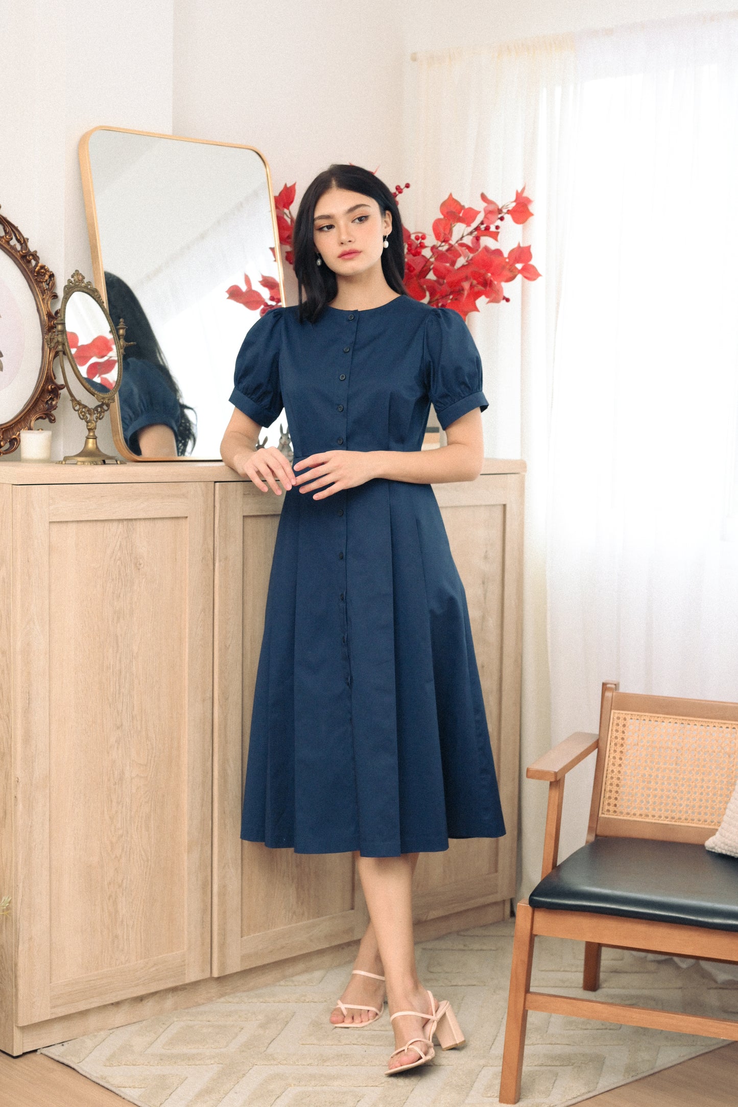 Puff Sleeved Button Down Dress - Midnight