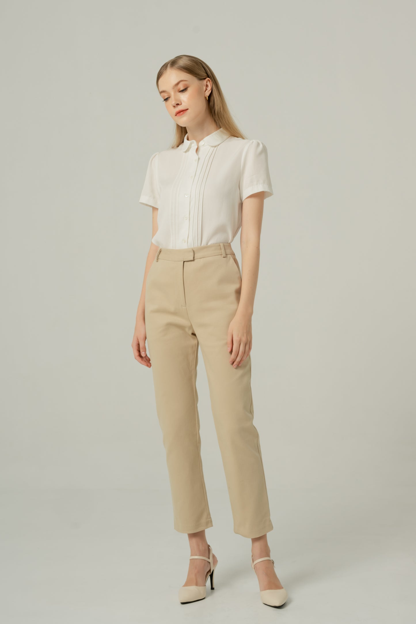 Cropped Slim Fit Cotton-Twill Trousers - Light Khaki