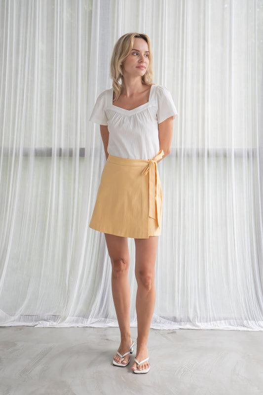 Crinkled Cotton Faux Wrap Skorts - Marigold