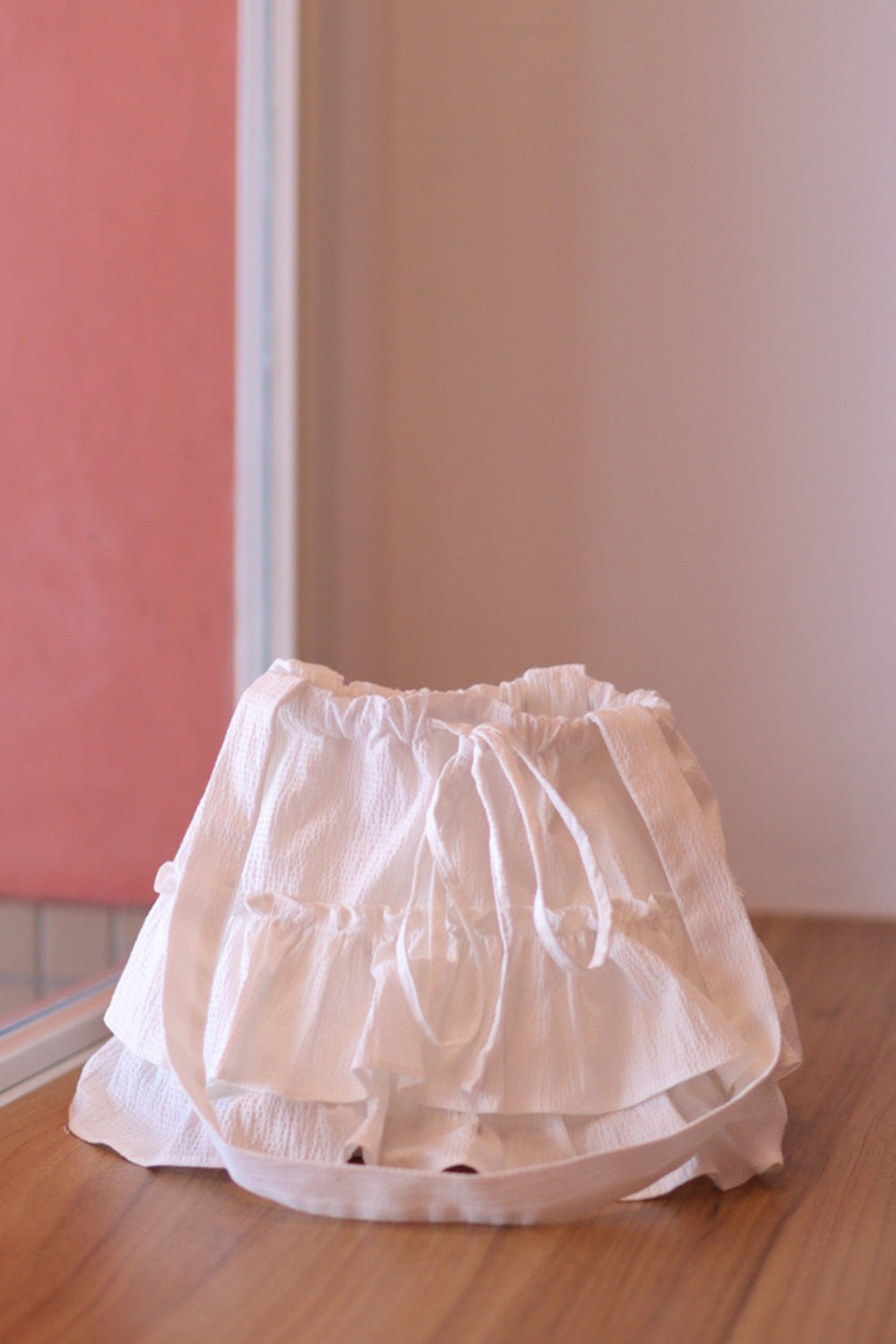 Ruffle Drawstring Tote - White