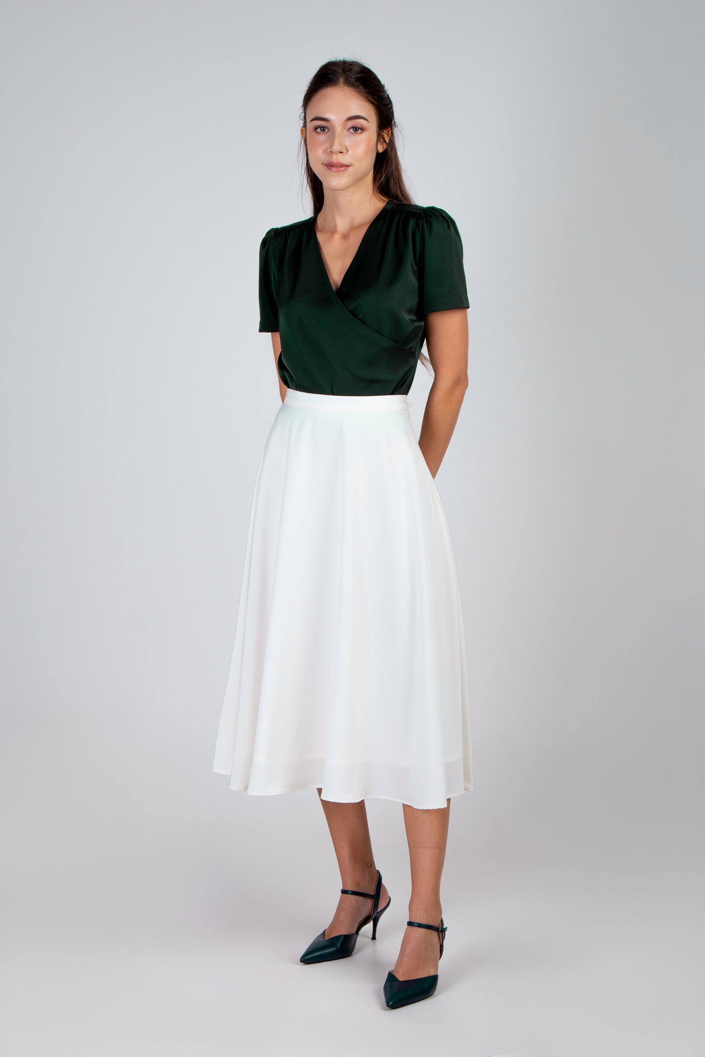 Satin Round Midi Skirt - White