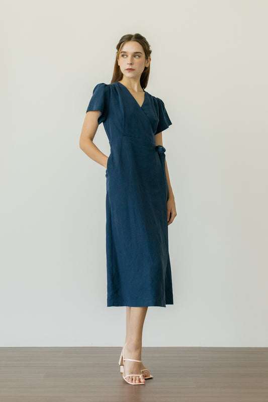 Tencel-Linen Wrap Dress - Navy
