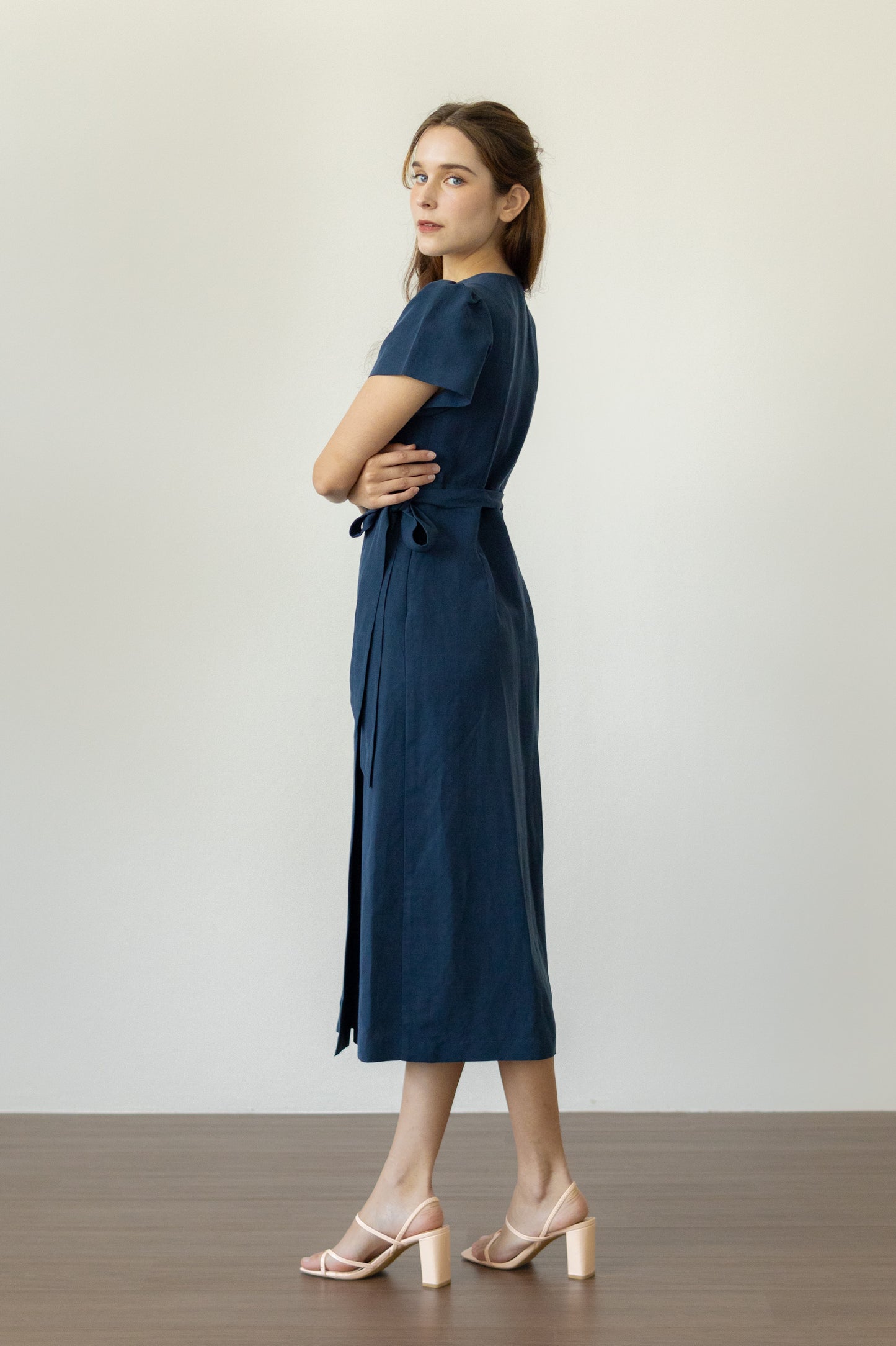 Tencel-Linen Wrap Dress - Navy