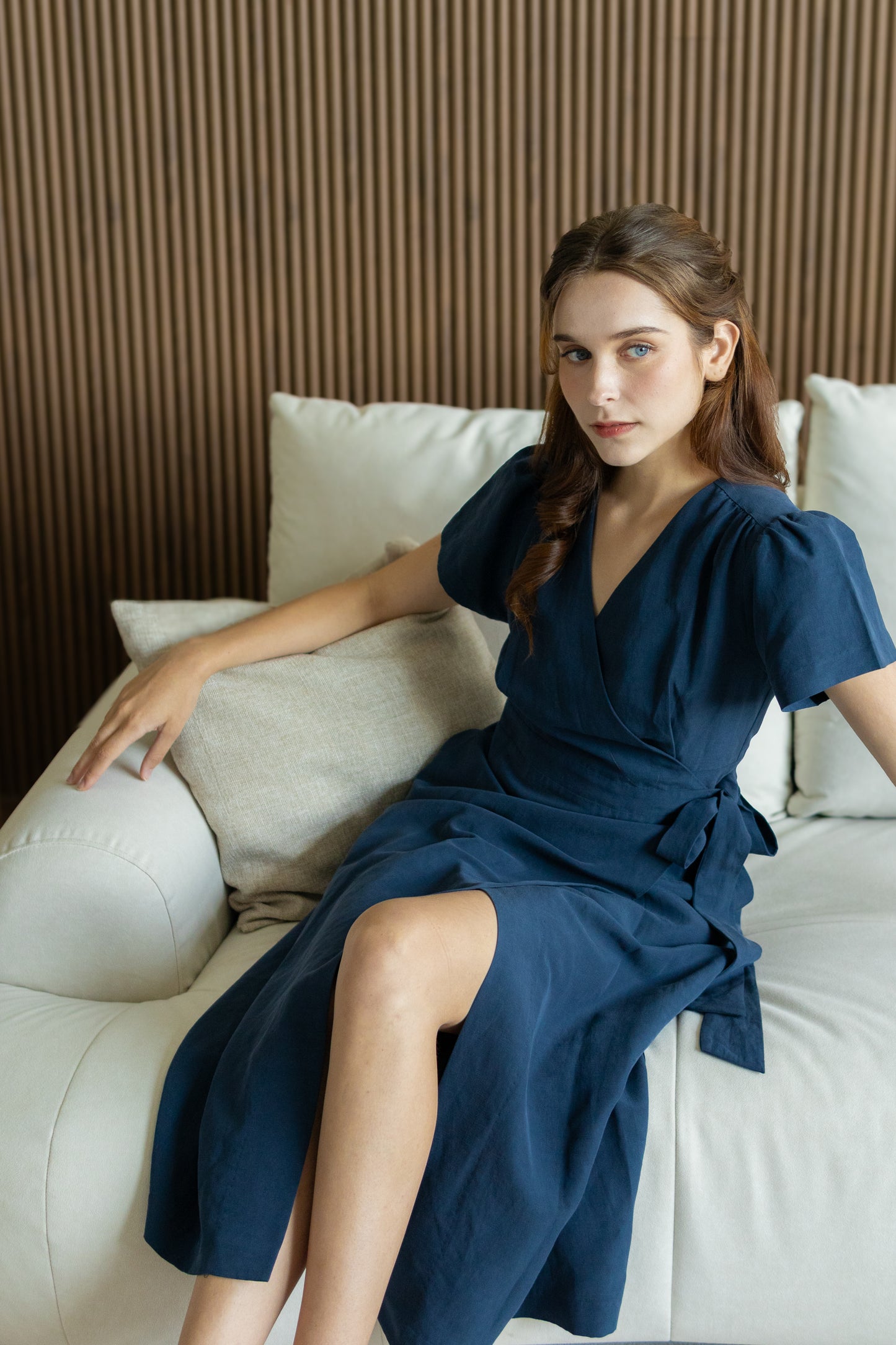 Tencel-Linen Wrap Dress - Navy