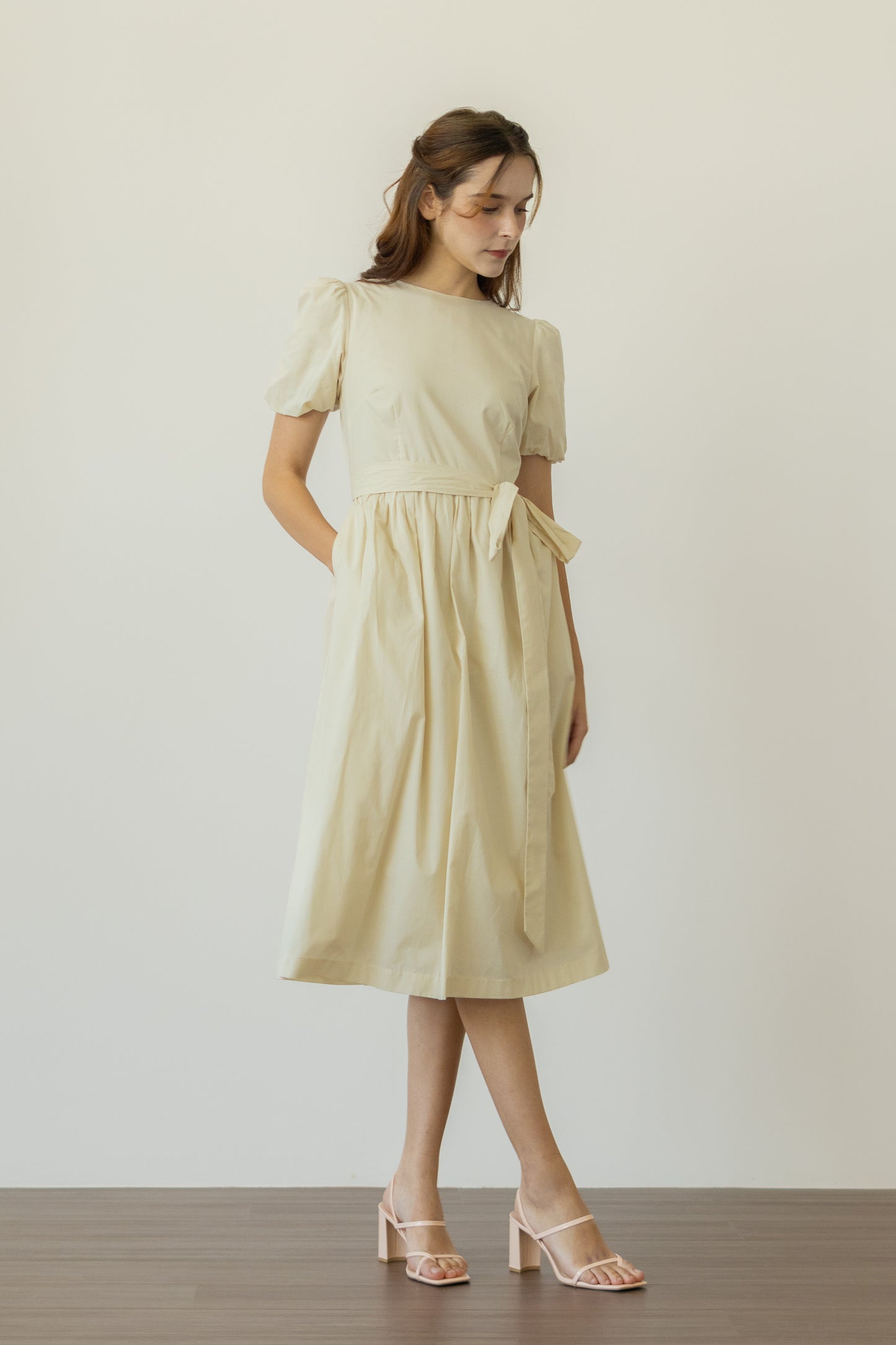 Relaxed Midi Dress with Wrap Sash - Natural