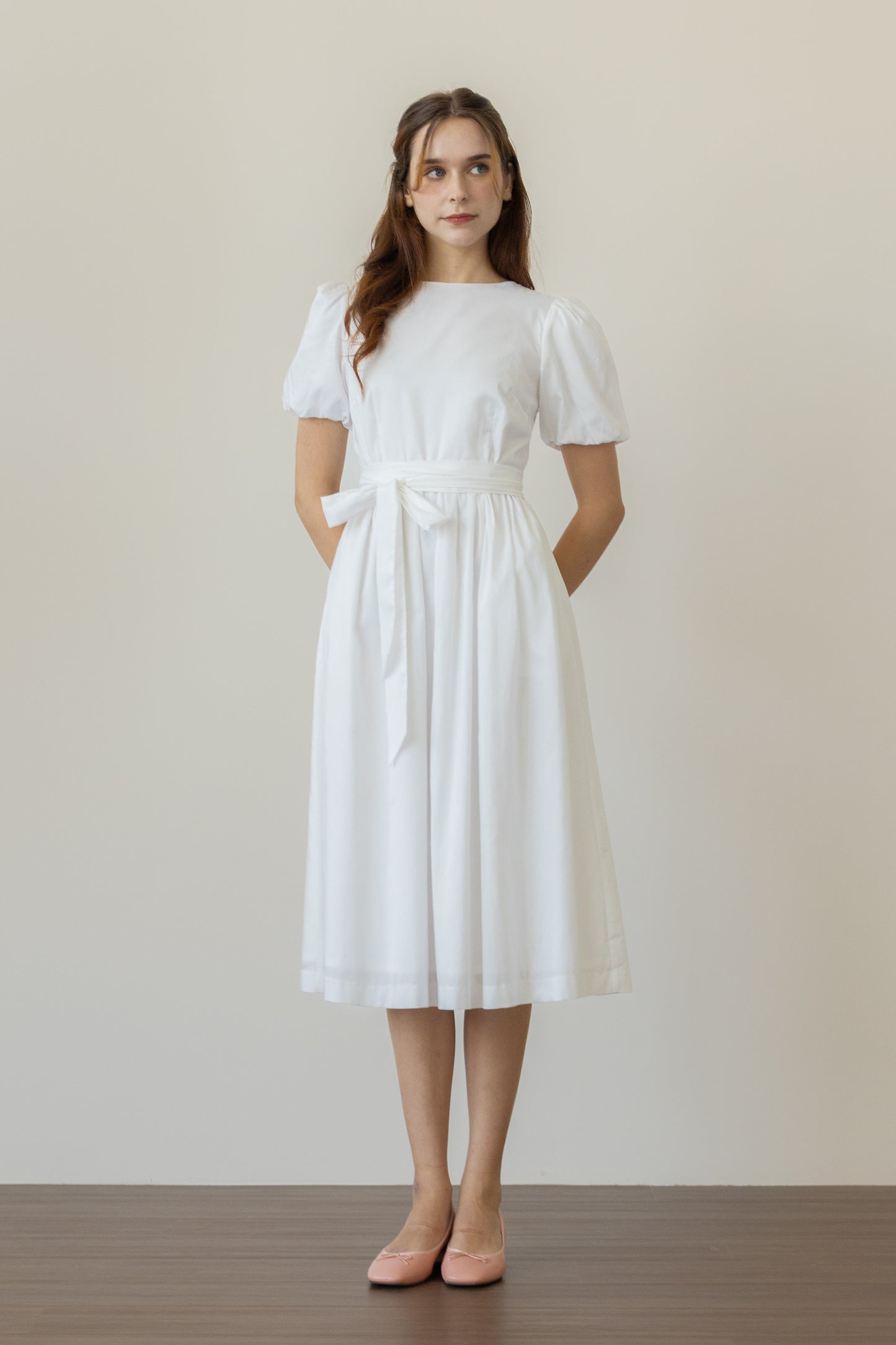 Relaxed Midi Dress with Wrap Sash - White