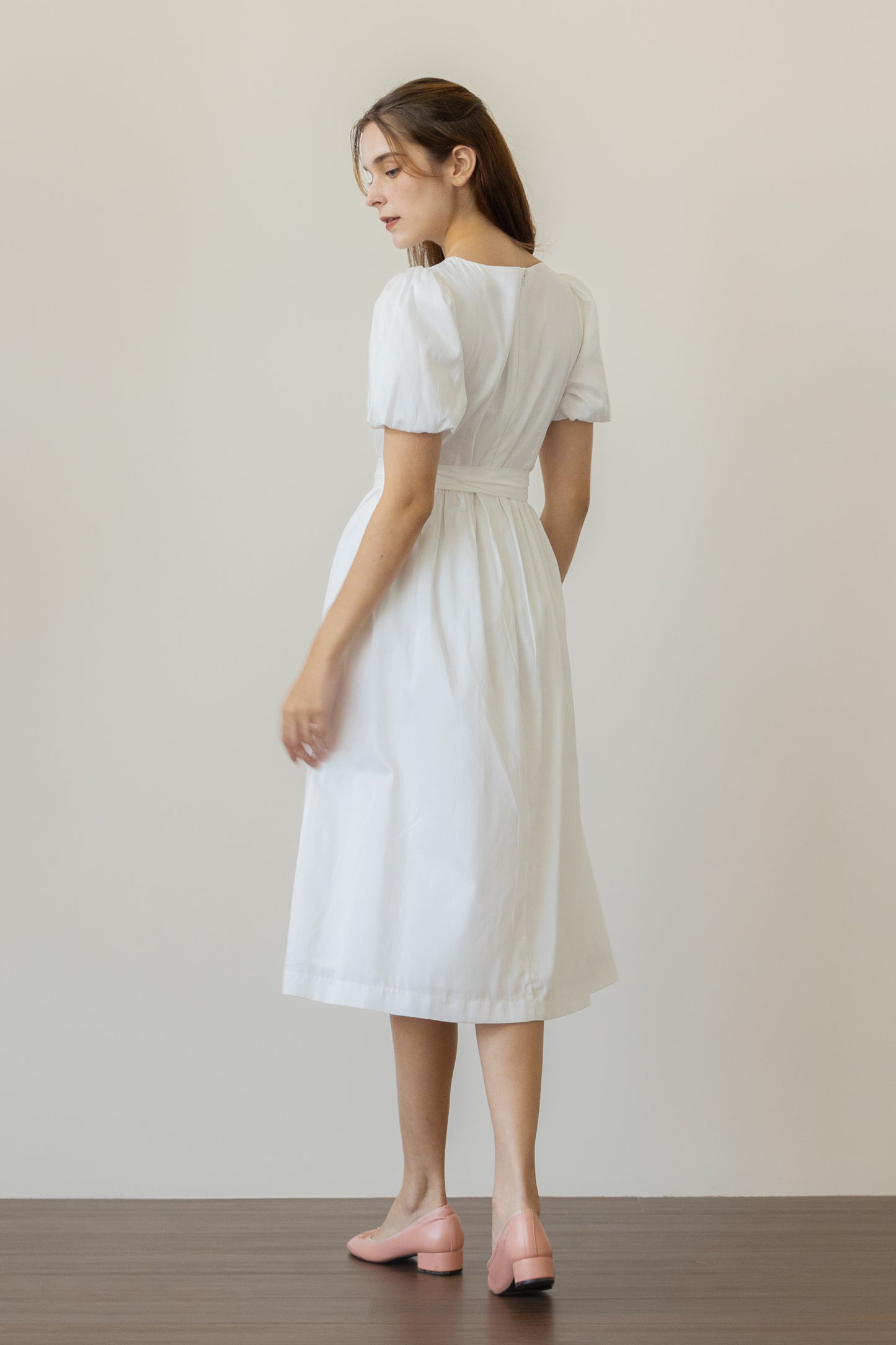 Relaxed Midi Dress with Wrap Sash - White