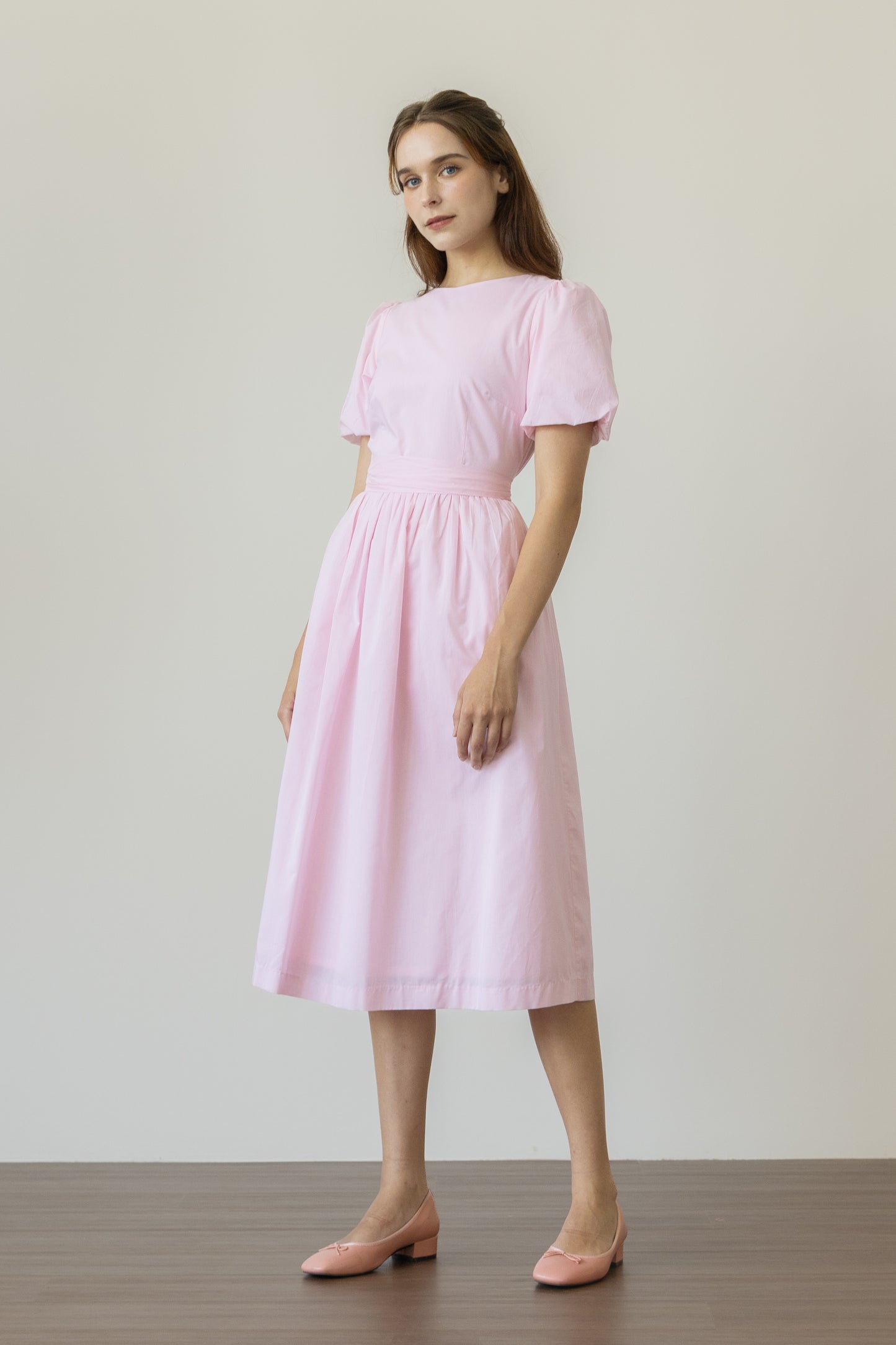 Relaxed Midi Dress with Wrap Sash - Petal Pink