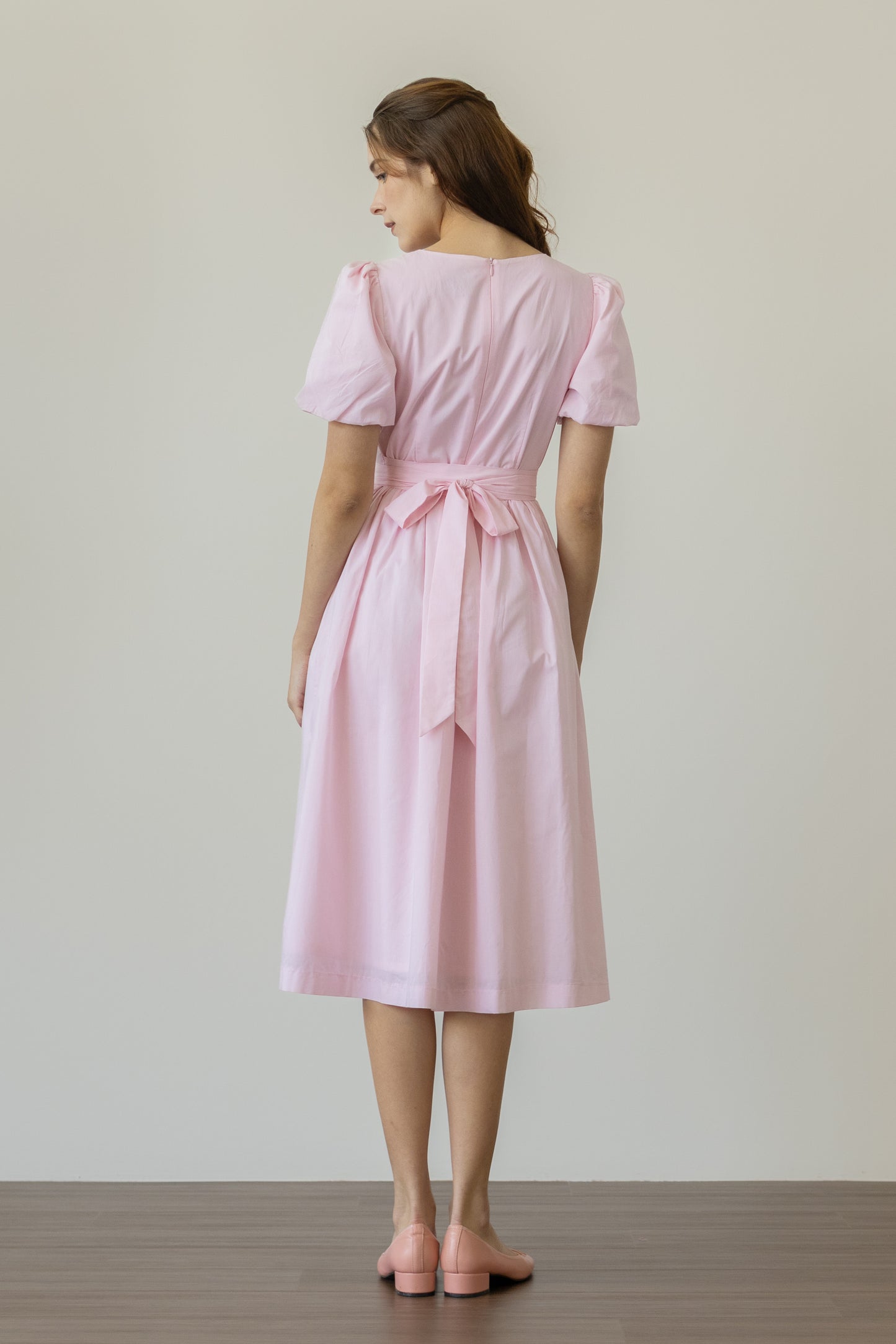 Relaxed Midi Dress with Wrap Sash - Petal Pink