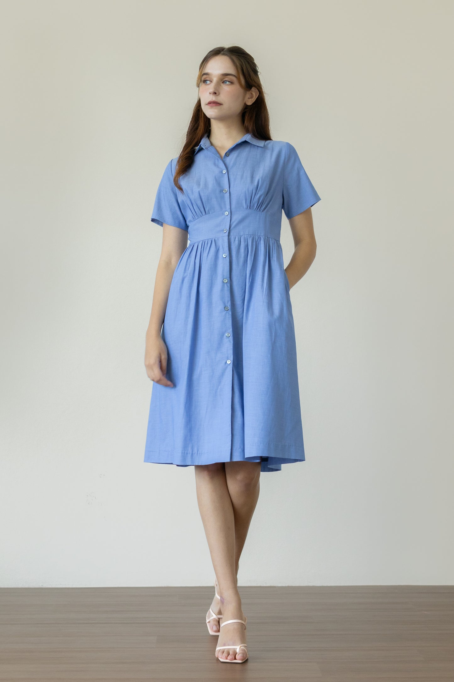 Classic Shirt Dress with Bust Detail - Blue Chambray