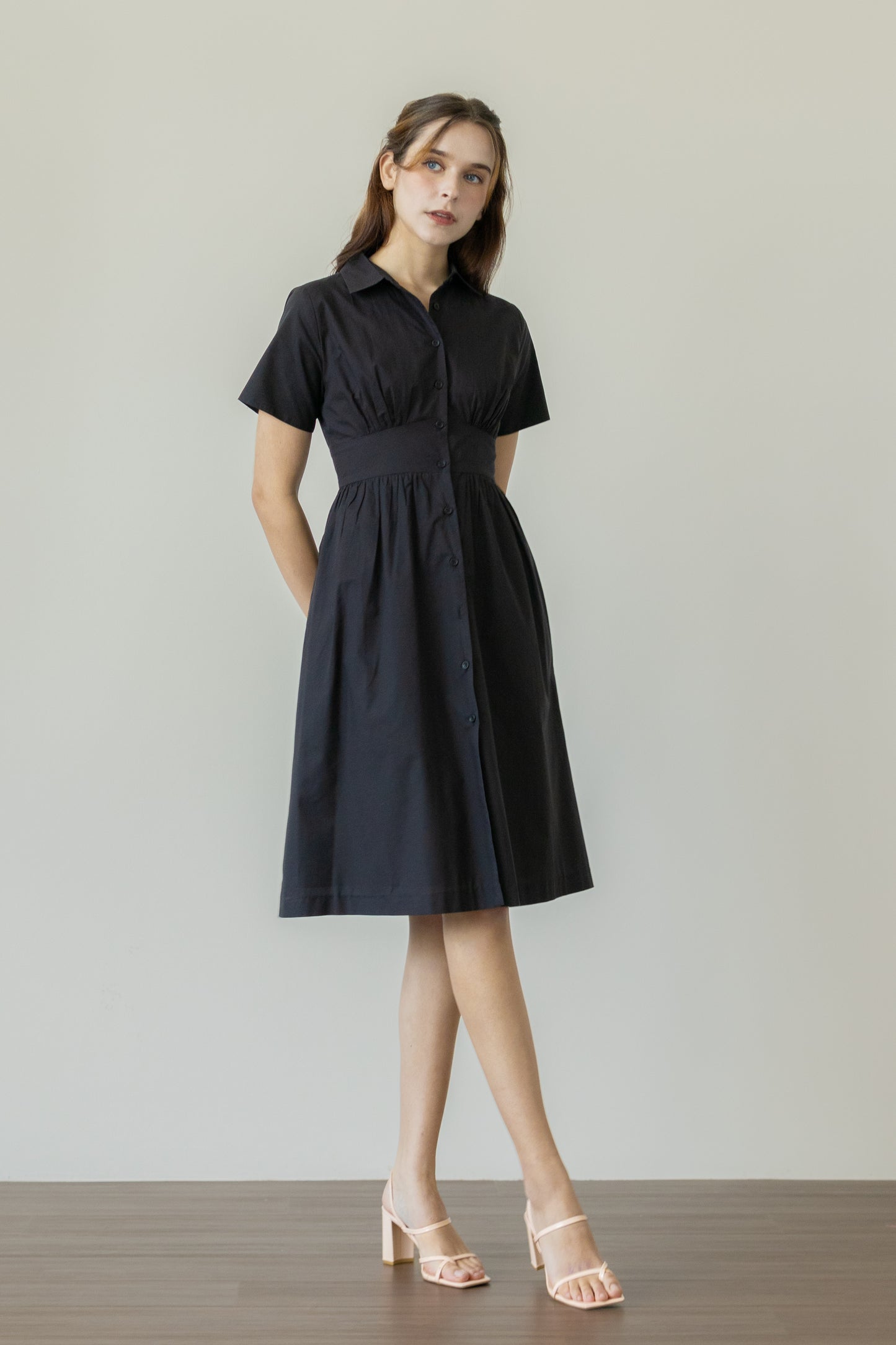 Classic Shirt Dress with Bust Detail - Black