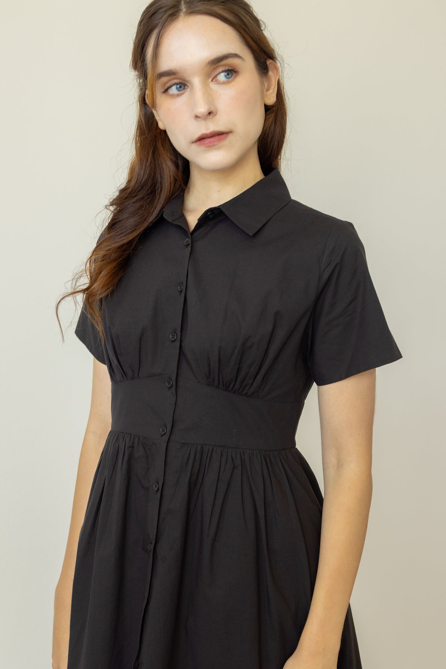 Classic Shirt Dress with Bust Detail - Black