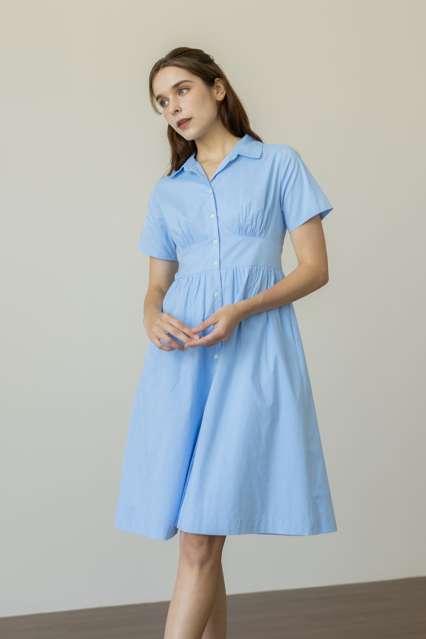 Classic Shirt Dress with Bust Detail - Dove Blue
