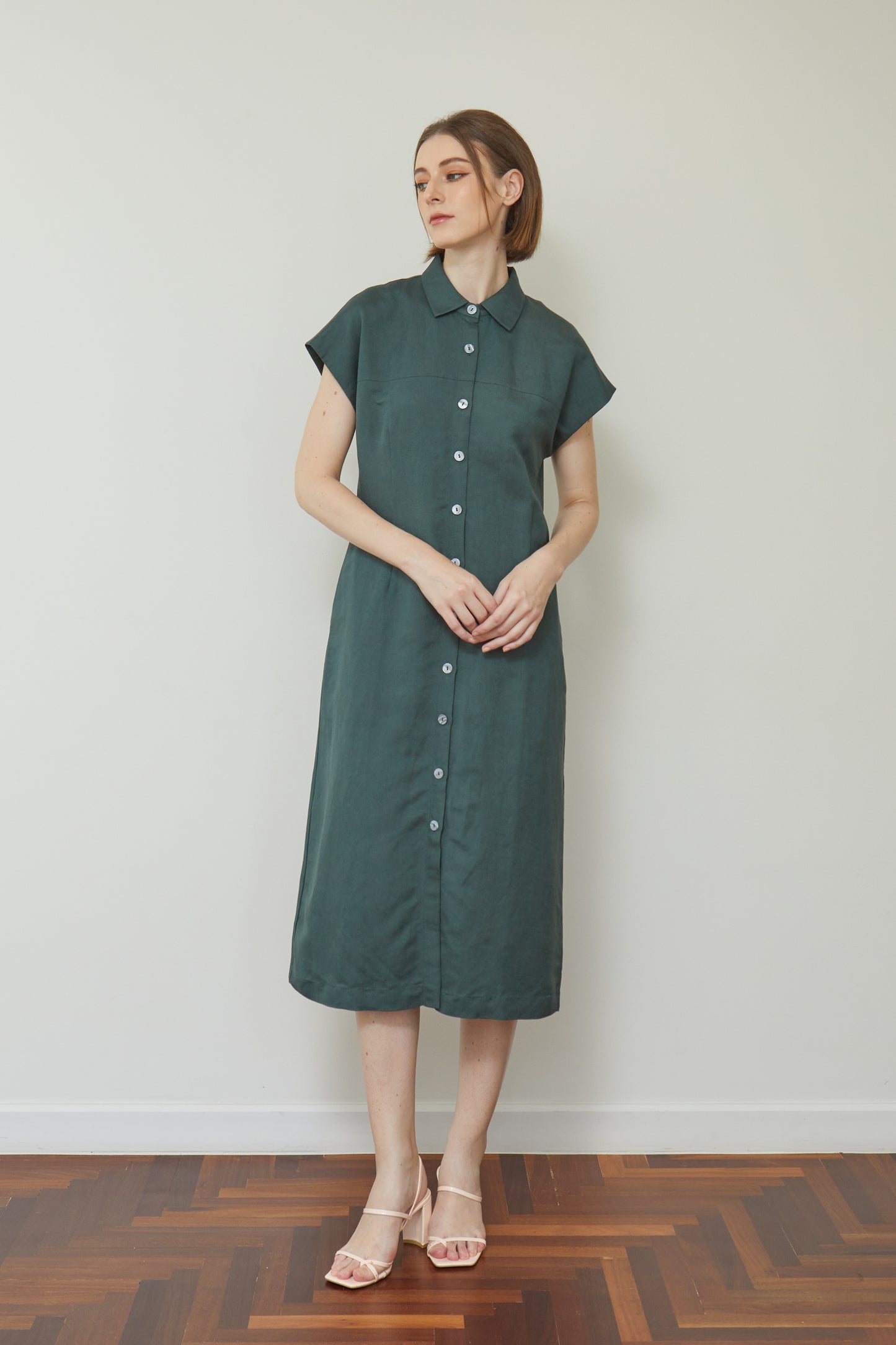 Linen Drop Shoulder Shirt-Dress - Forest