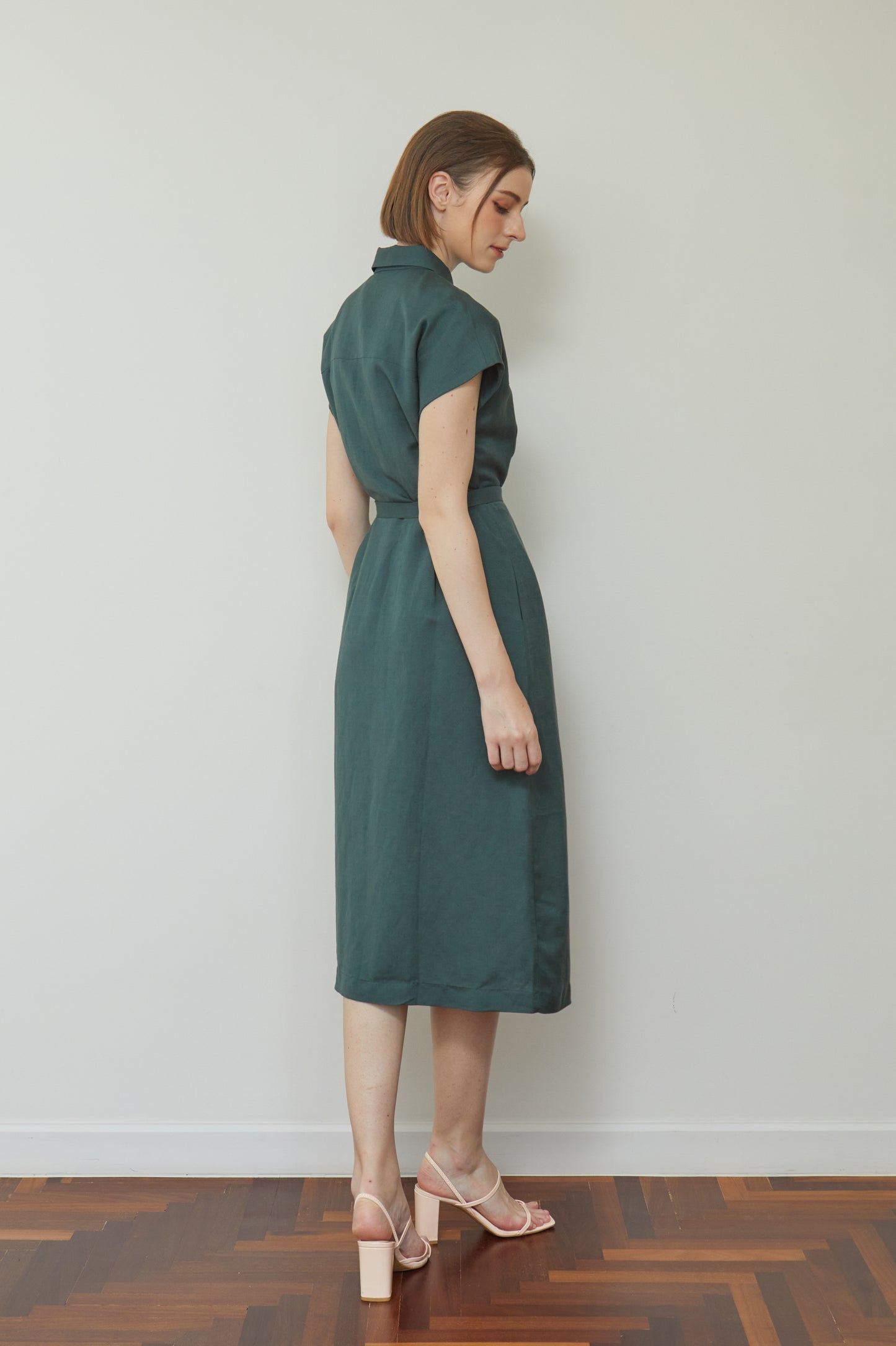 Linen Drop Shoulder Shirt-Dress - Forest