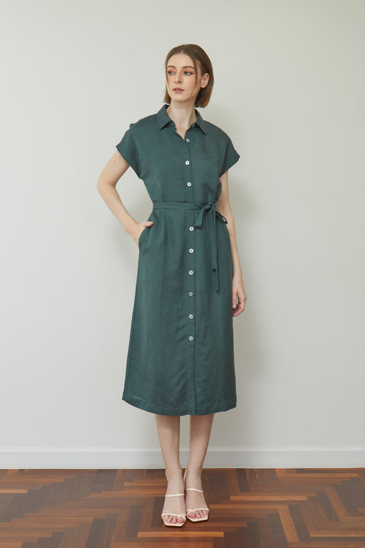 Linen Drop Shoulder Shirt-Dress - Forest