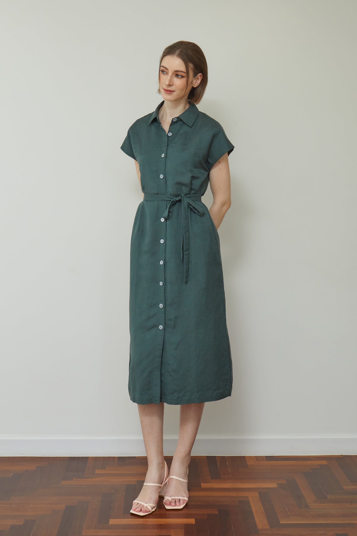 Linen Drop Shoulder Shirt-Dress - Forest