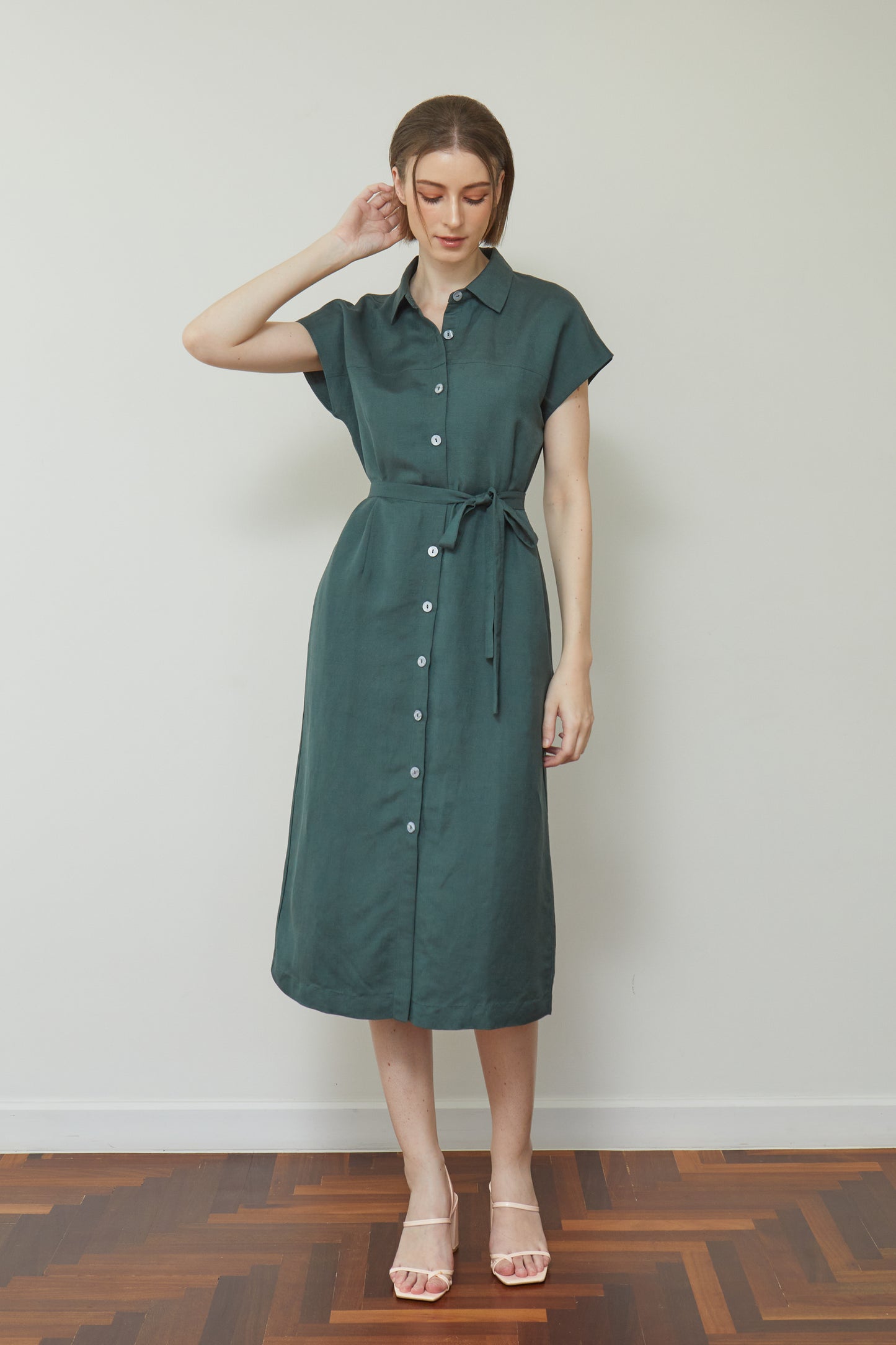 Linen Drop Shoulder Shirt-Dress - Forest