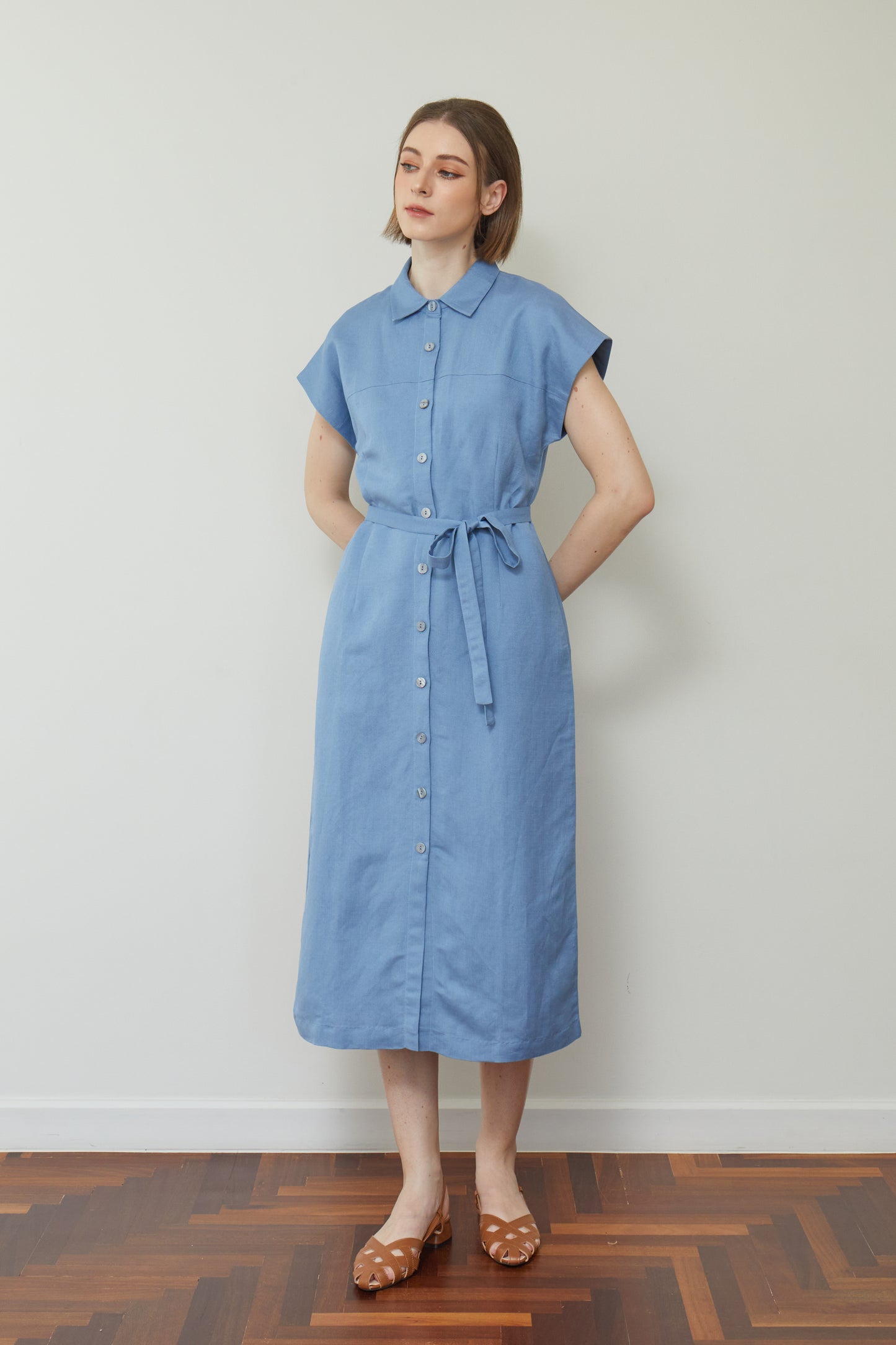 Linen Drop Shoulder Shirt-Dress - French Blue