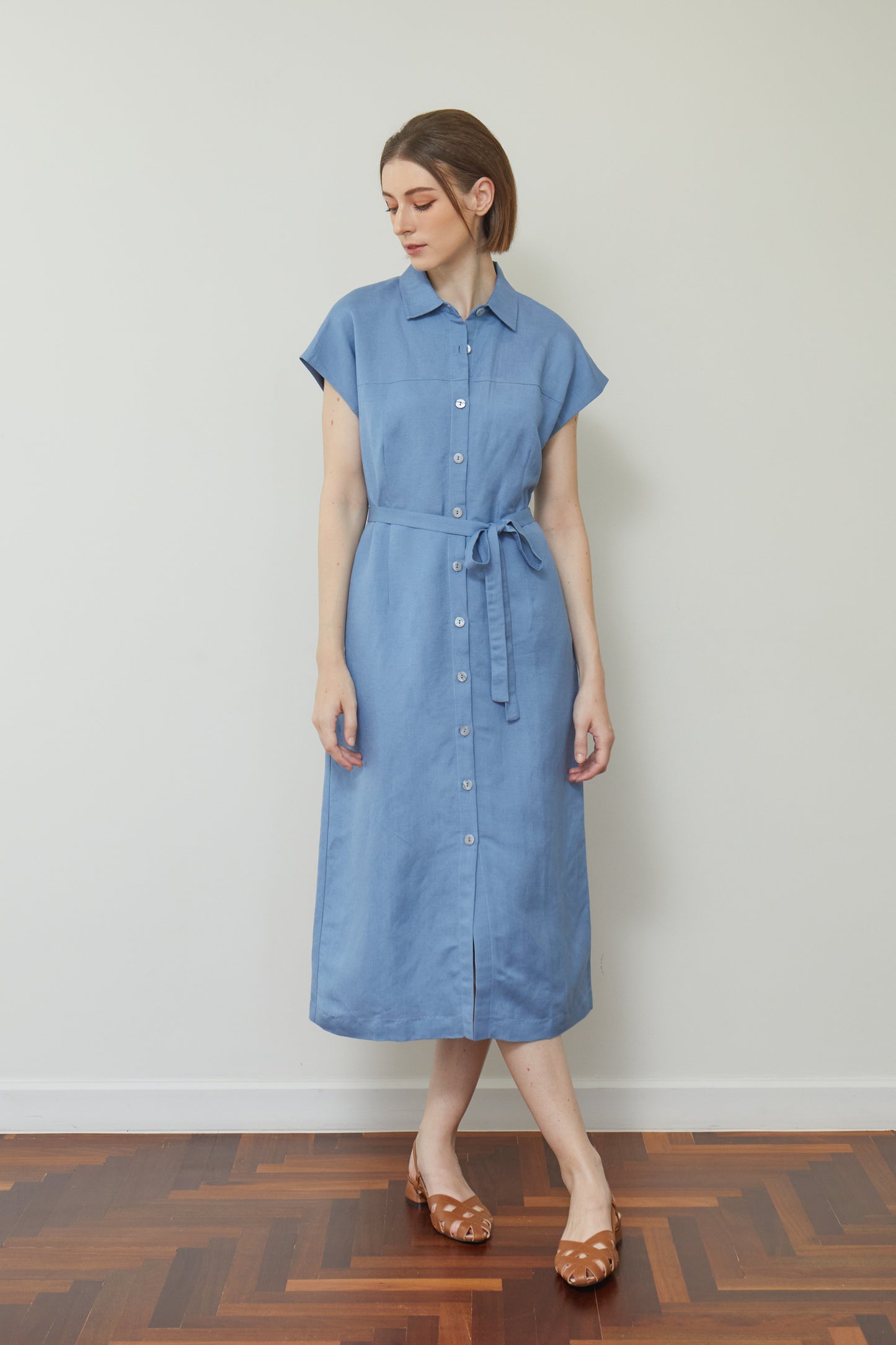 Linen Drop Shoulder Shirt-Dress - French Blue