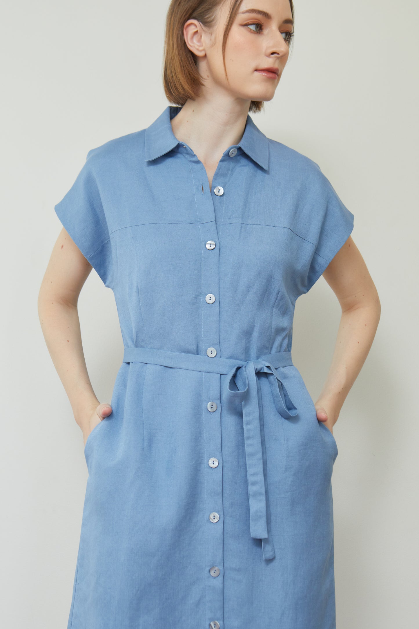 Linen Drop Shoulder Shirt-Dress - French Blue