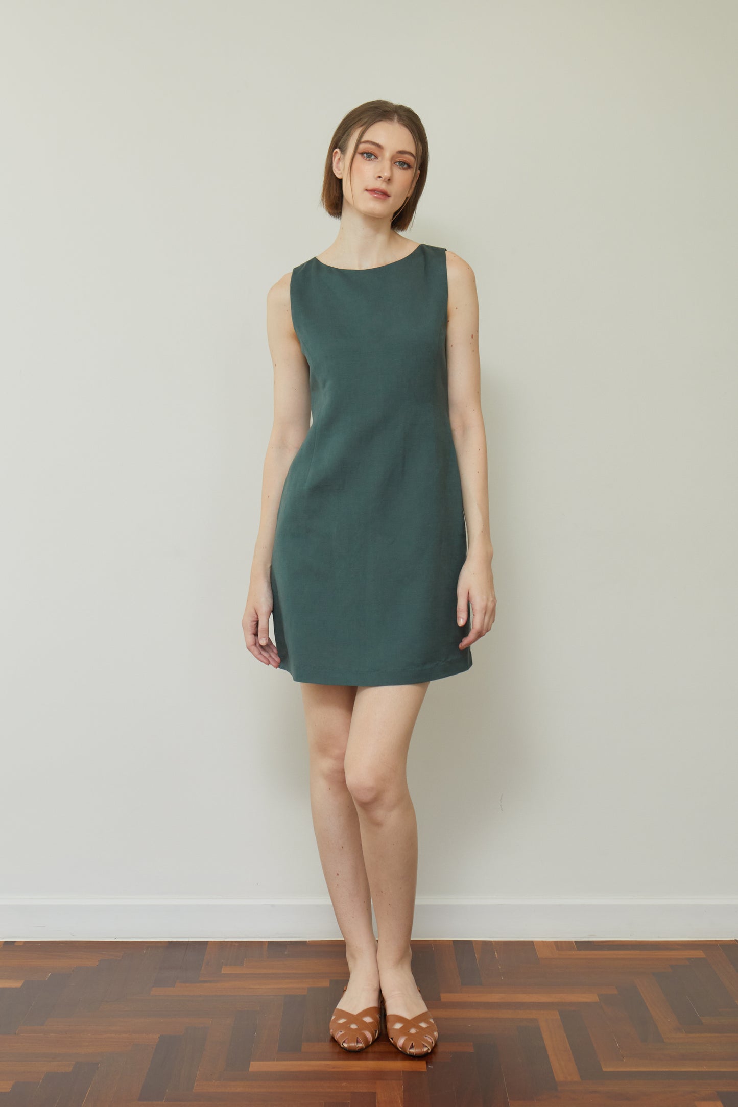 Linen Fitted Shift Dress - Forest