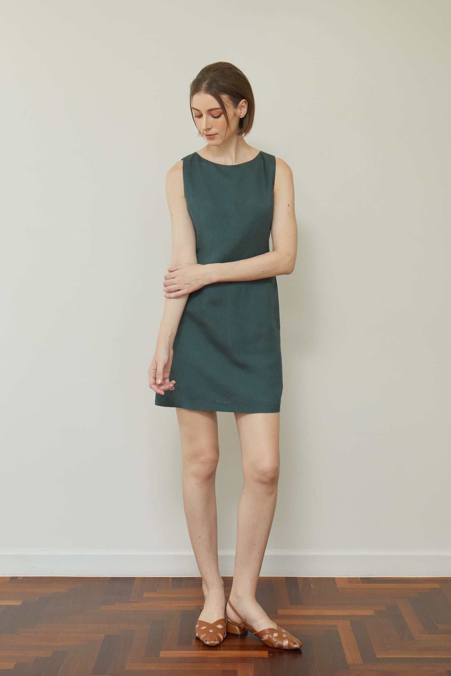 Linen Fitted Shift Dress - Forest