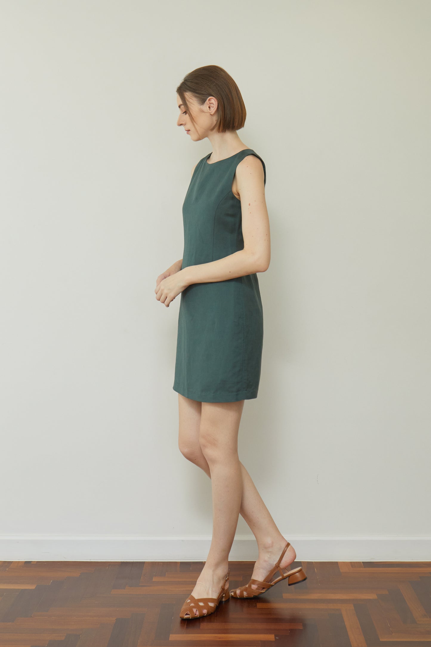 Linen Fitted Shift Dress - Forest