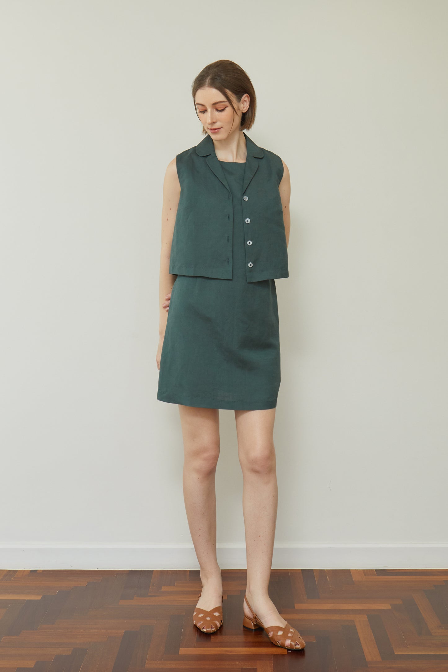 Linen Fitted Shift Dress - Forest