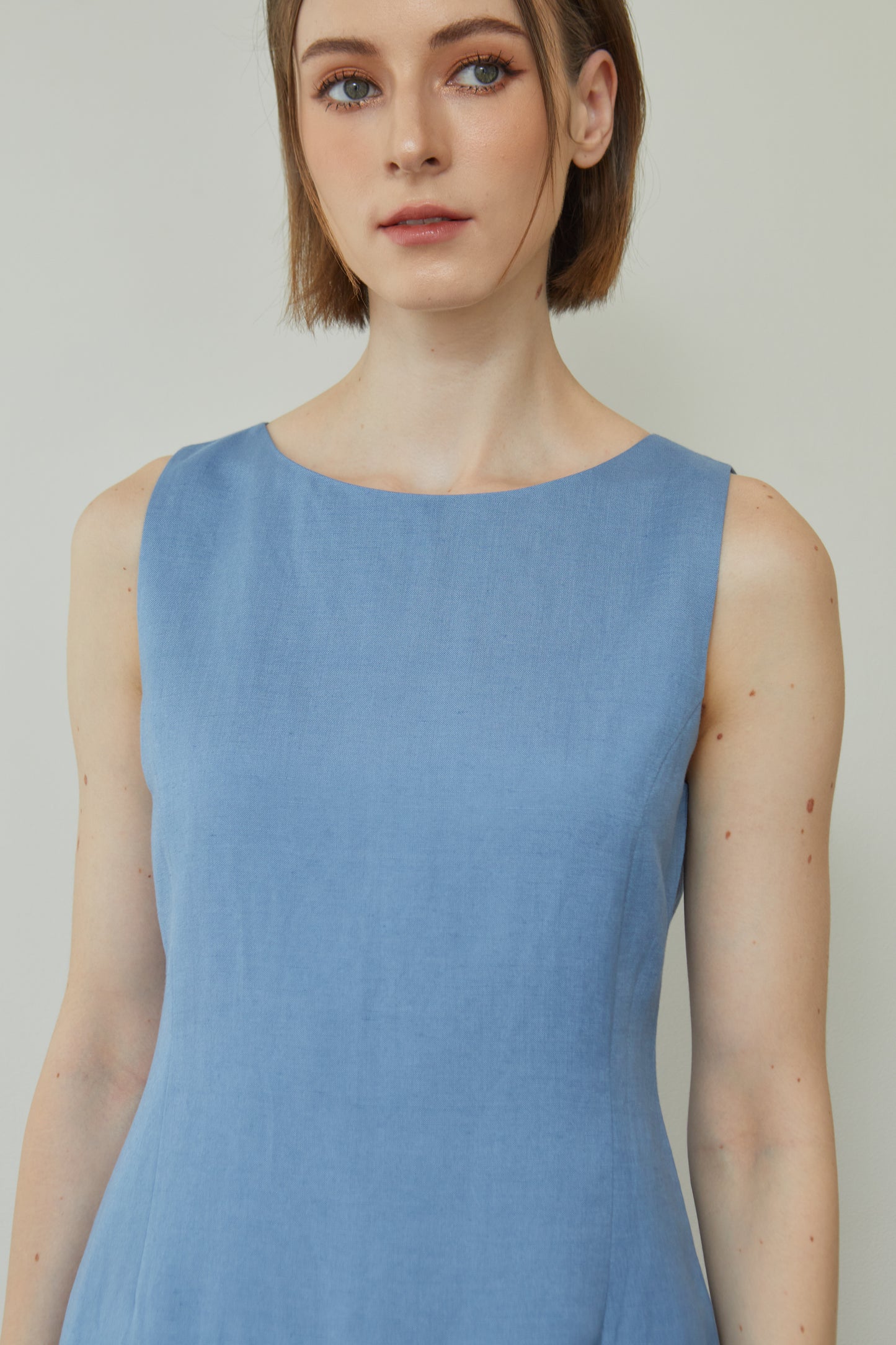 Linen Fitted Shift Dress - French Blue