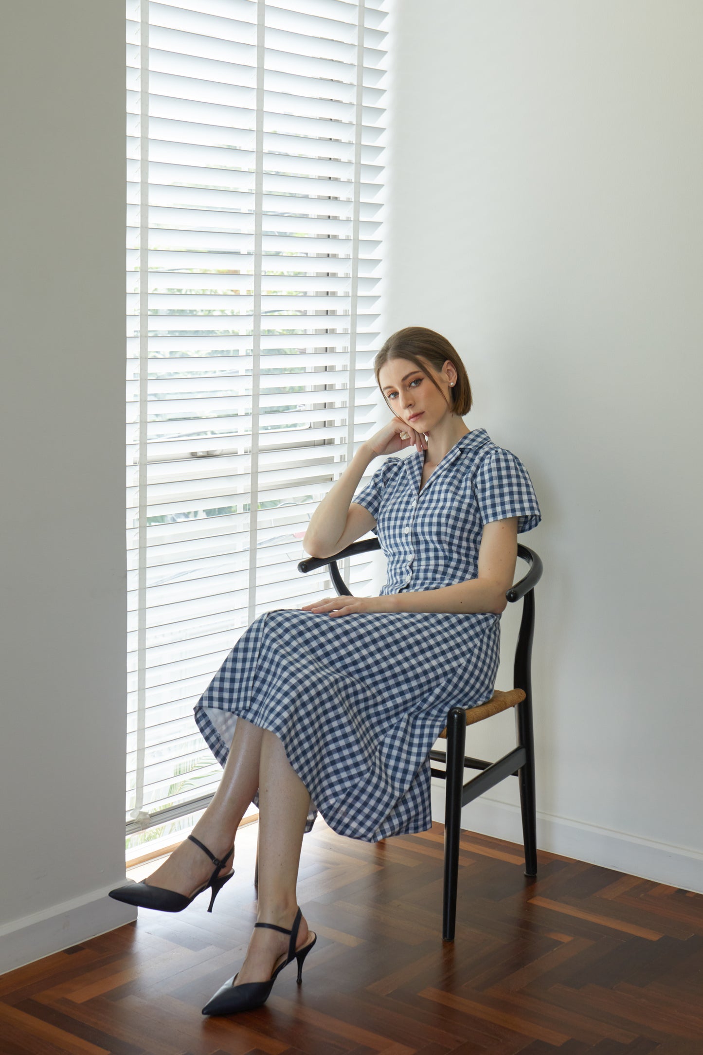 Linen Gingham Classic Shirt-Dress - Navy