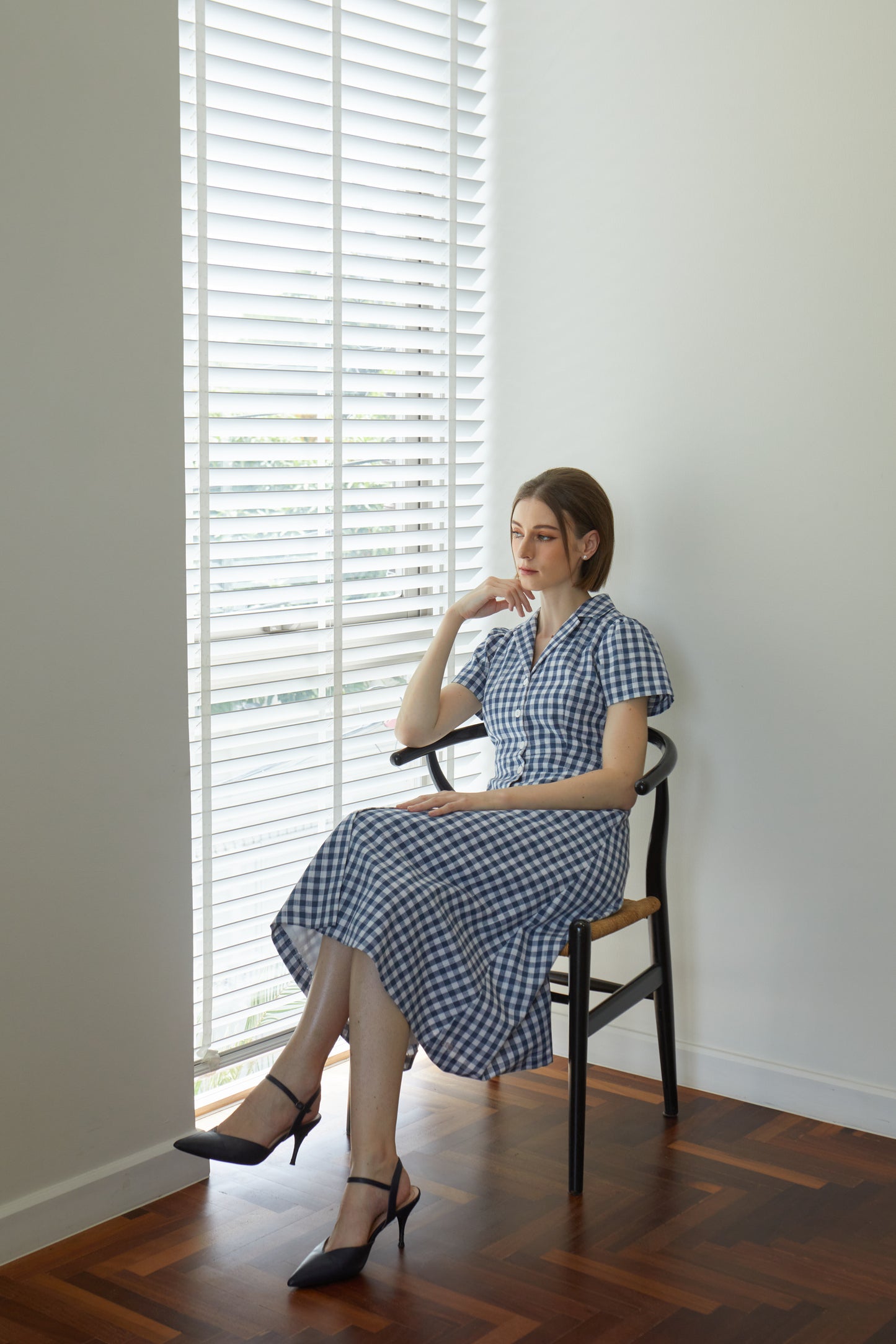 Linen Gingham Classic Shirt-Dress - Navy