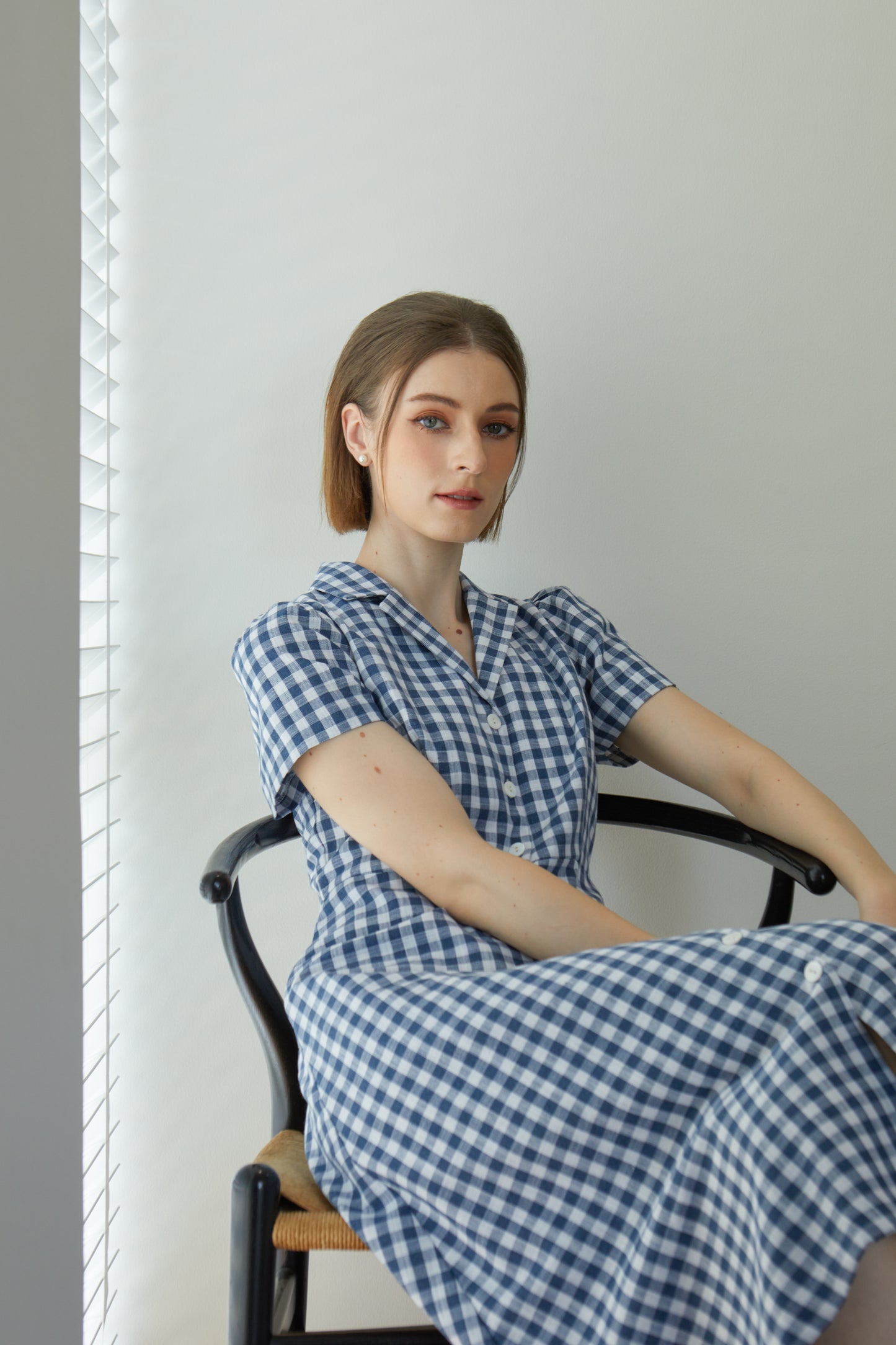 Linen Gingham Classic Shirt-Dress - Navy