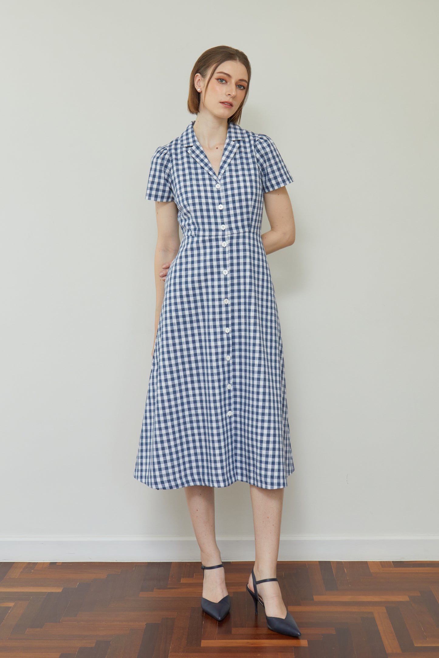 Linen Gingham Classic Shirt-Dress - Navy