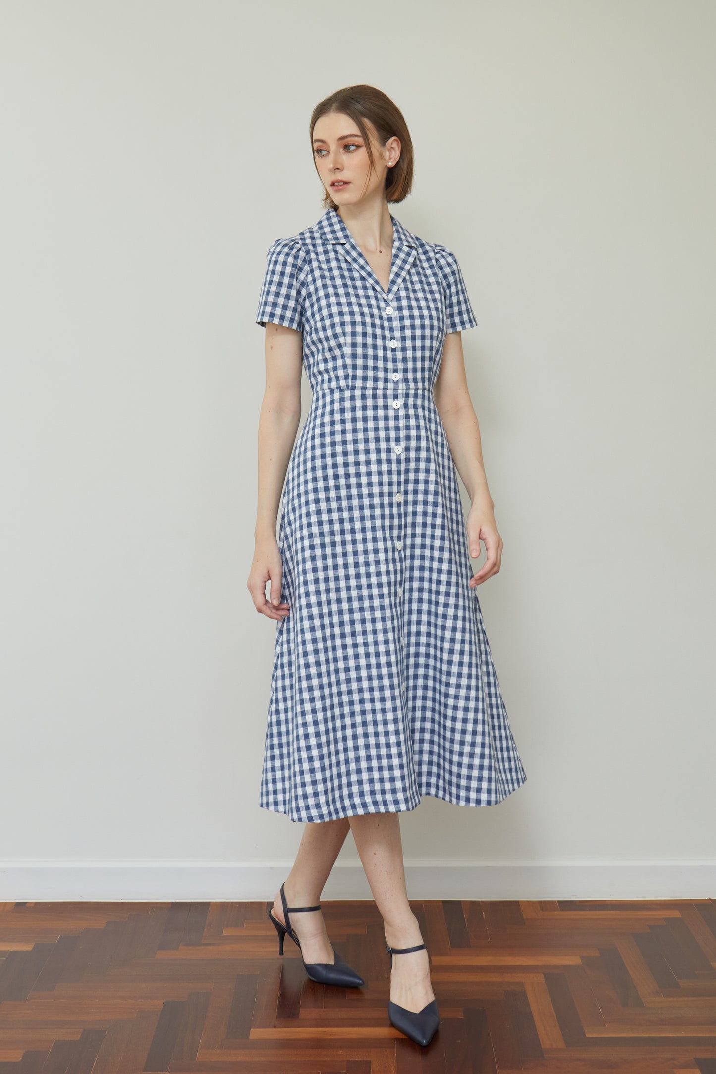 Linen Gingham Classic Shirt-Dress - Navy