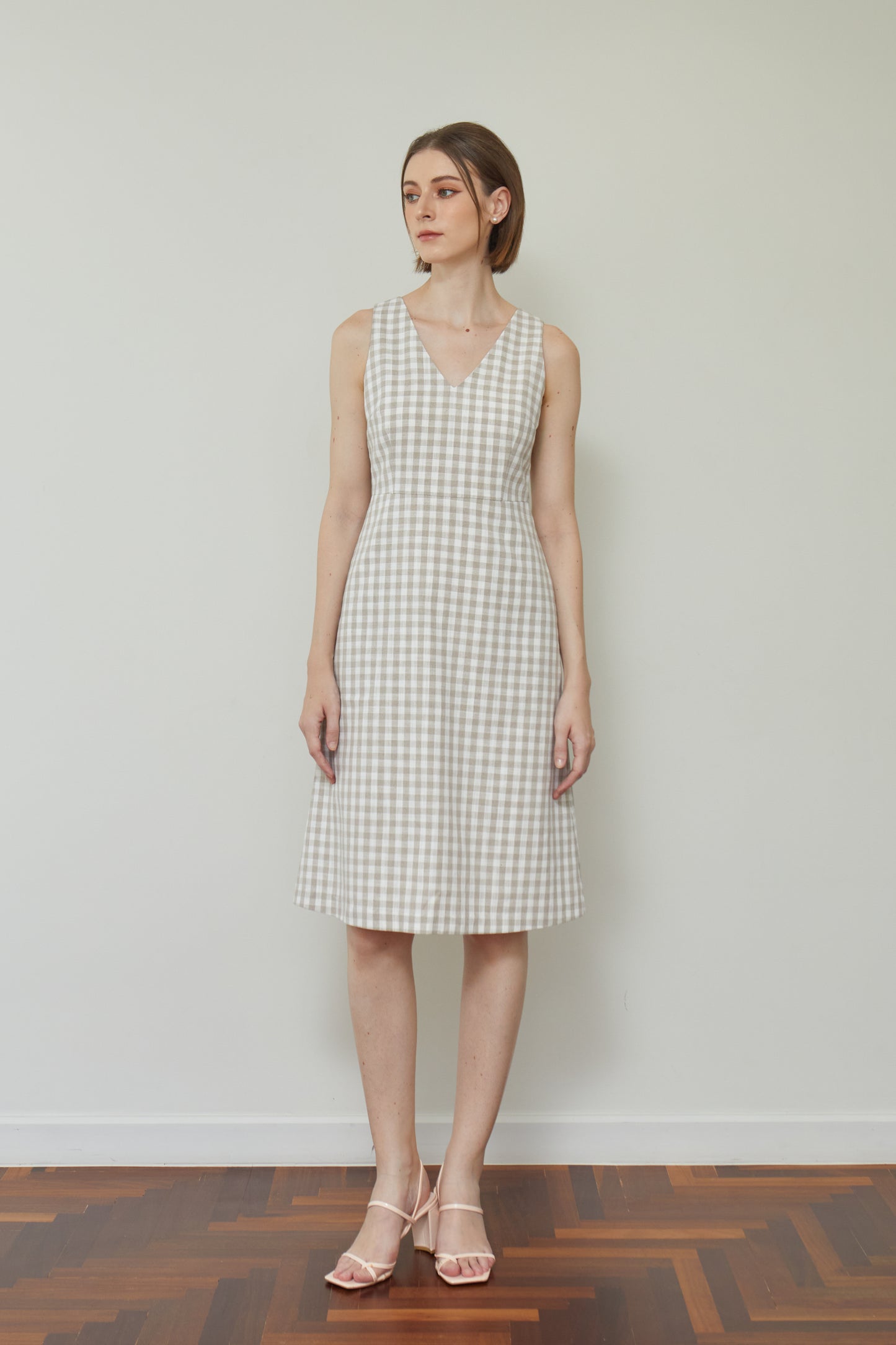 Linen Gingham V-Neck Sundress - Cream