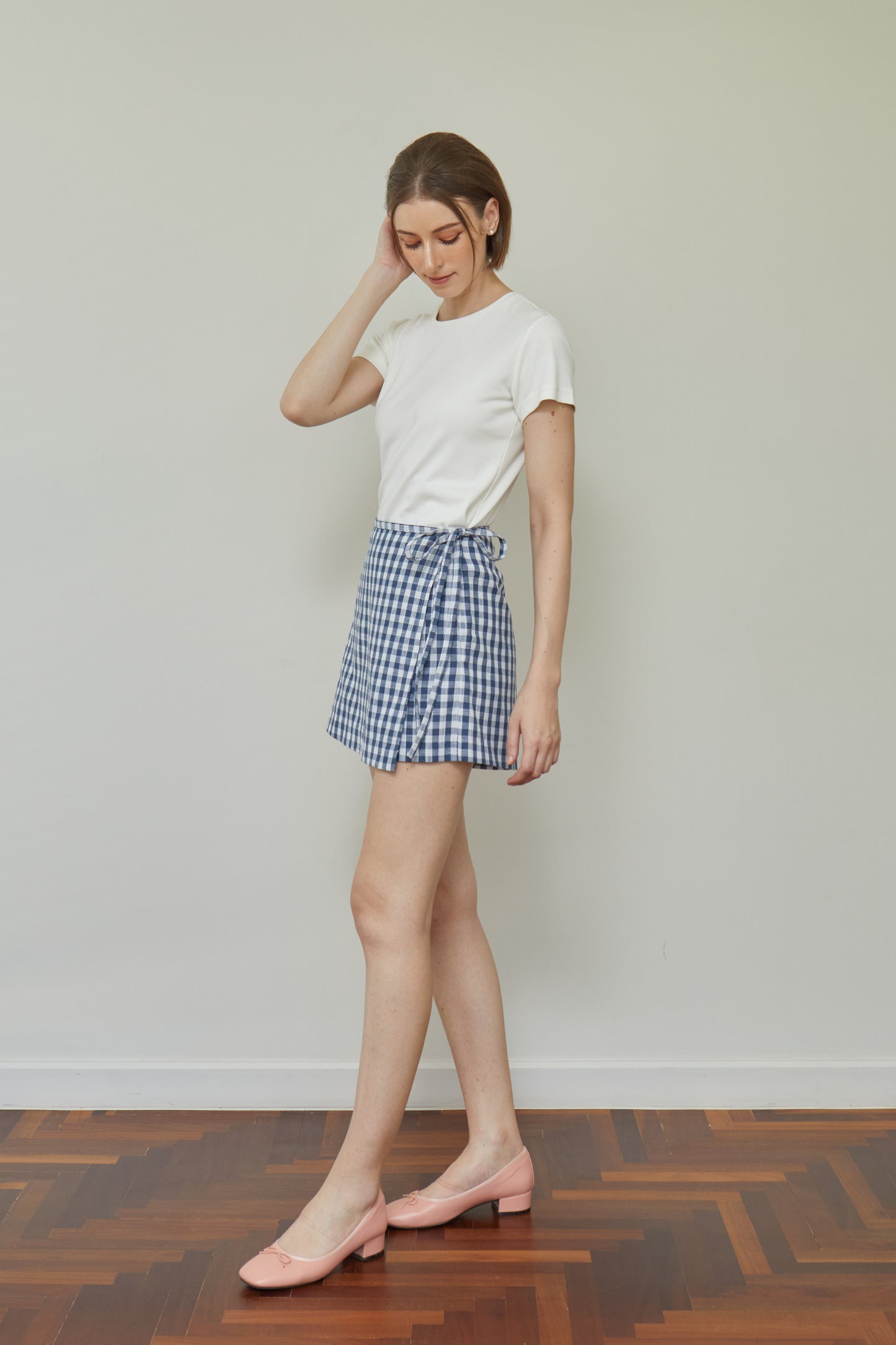 Linen Gingham Wrap Skorts - Navy